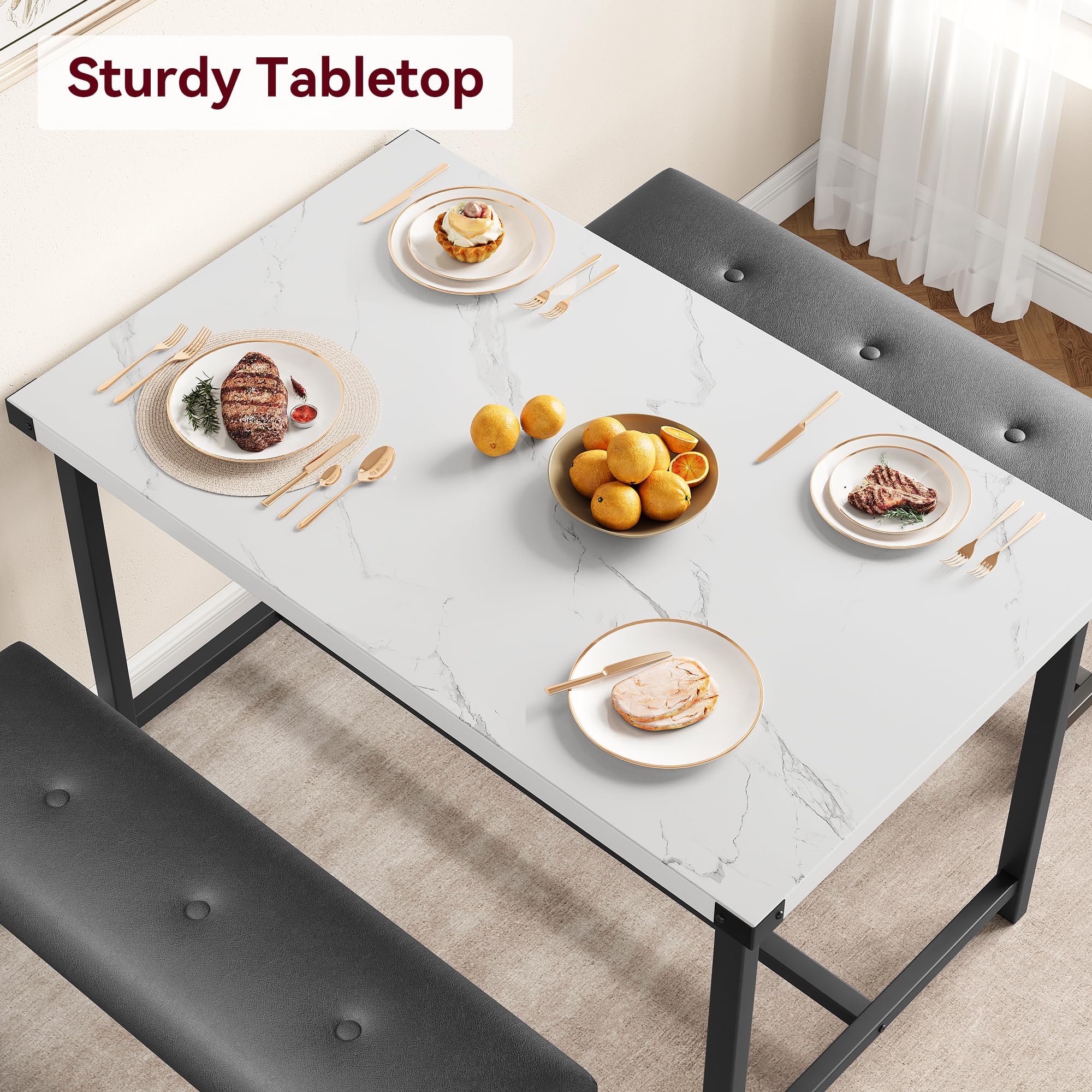 IDEALHOUSE 4-Piece Dining Table Set with 2 Upholstered Benches - White Marble Rectangular Kitchen Table for Small Spaces, Apartments & Studios | Perfect for Breakfast Nooks, Compact Dining Areas & Modern Home Decor