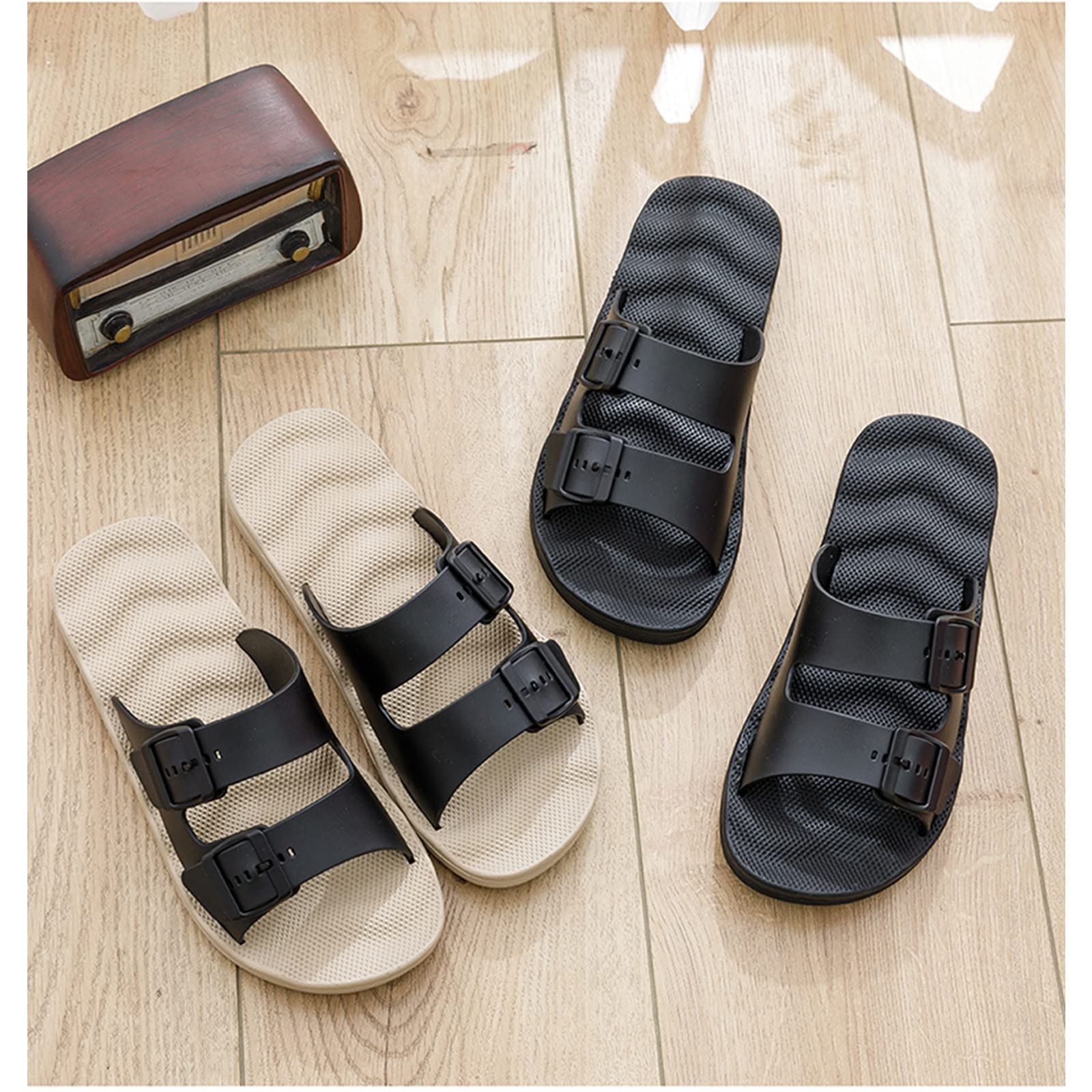 Men's Adjustable Double Buckle Outdoor Slides - PVC Open Toe Summer Sandals with Massage Sole for Beach, Pool & Casual Wear