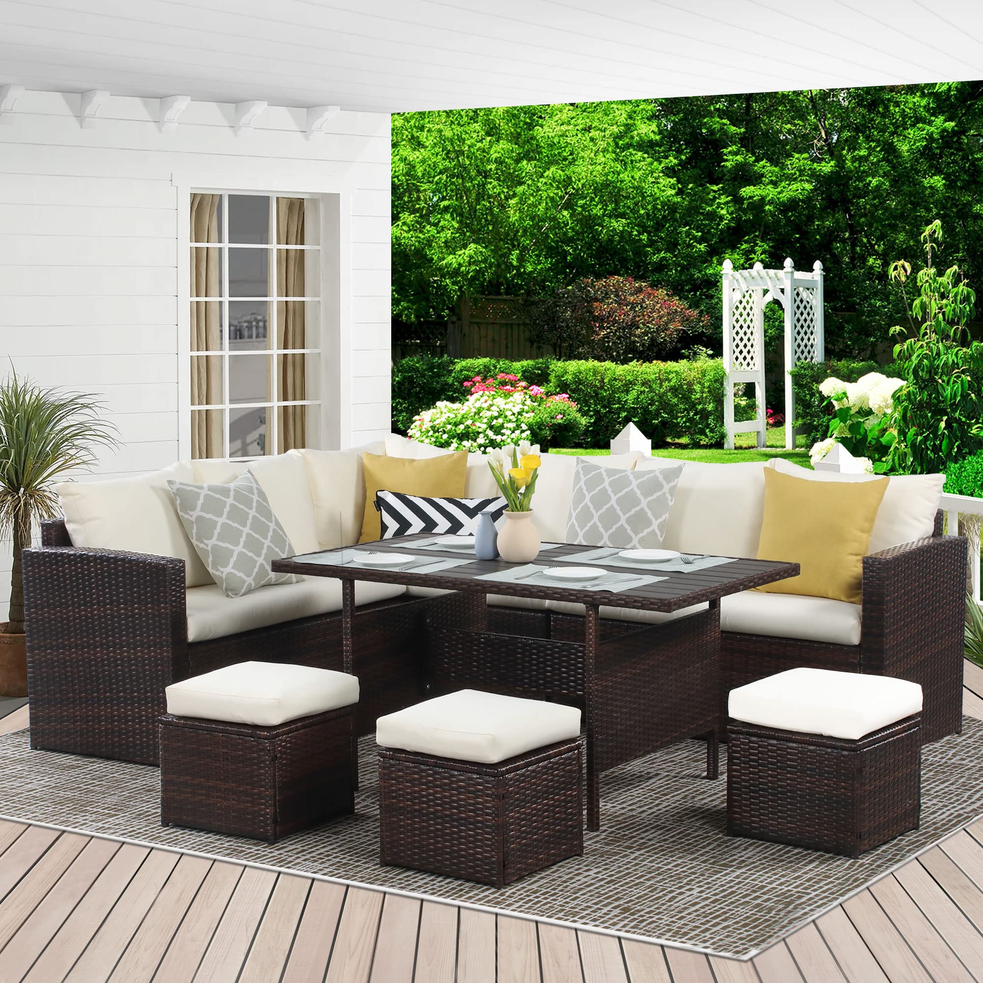 7-Piece Wisteria Lane Patio Furniture Set - All-Weather Wicker Outdoor Dining Sectional Sofa with Table, Chairs & Ottoman in Ivory | Perfect for Backyard, Garden, Poolside & Patio Entertaining