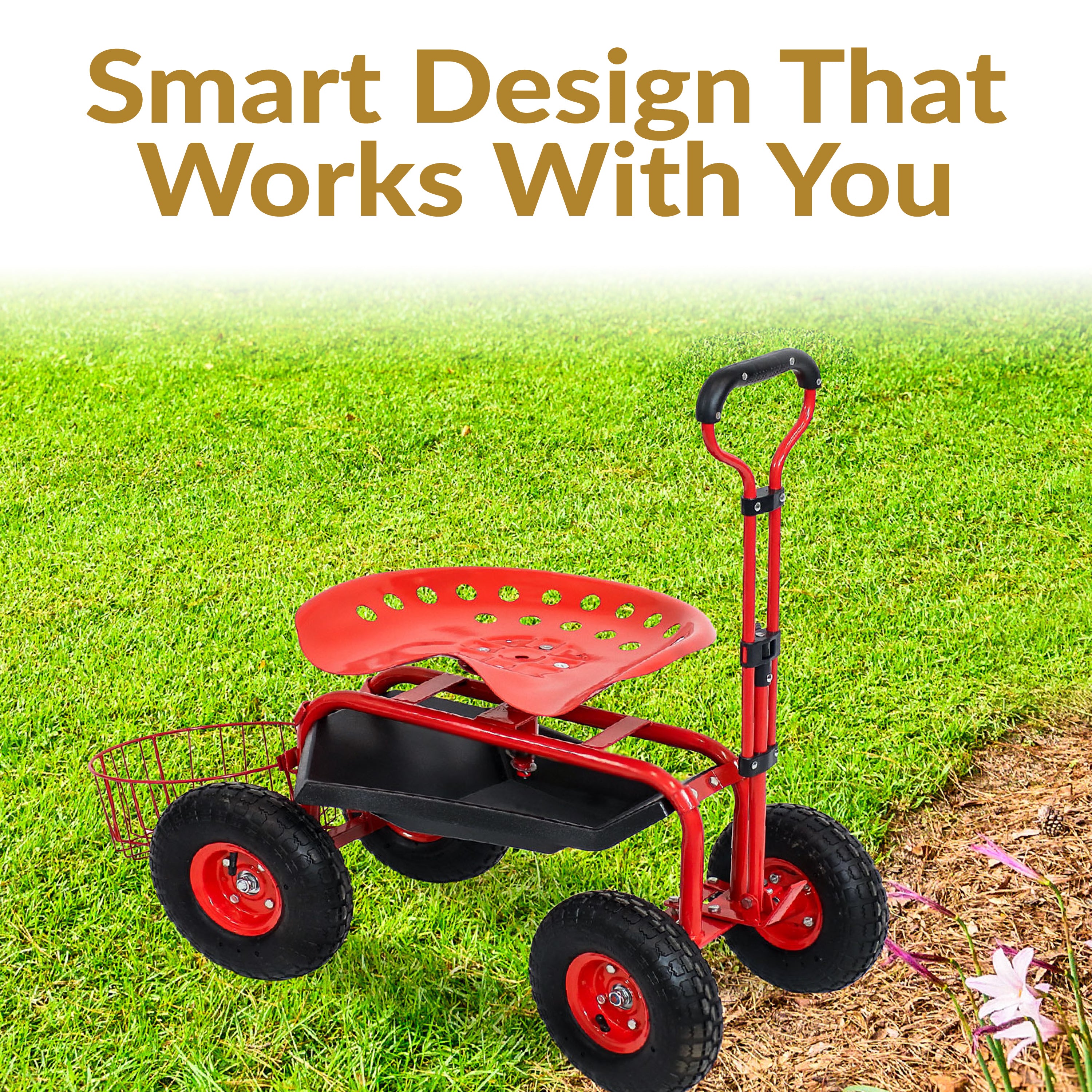 Sunnydaze Rolling Garden Cart with Swivel Seat, Handle & Basket - Heavy Duty Outdoor Utility Wagon for Gardening, Landscaping & Yard Work