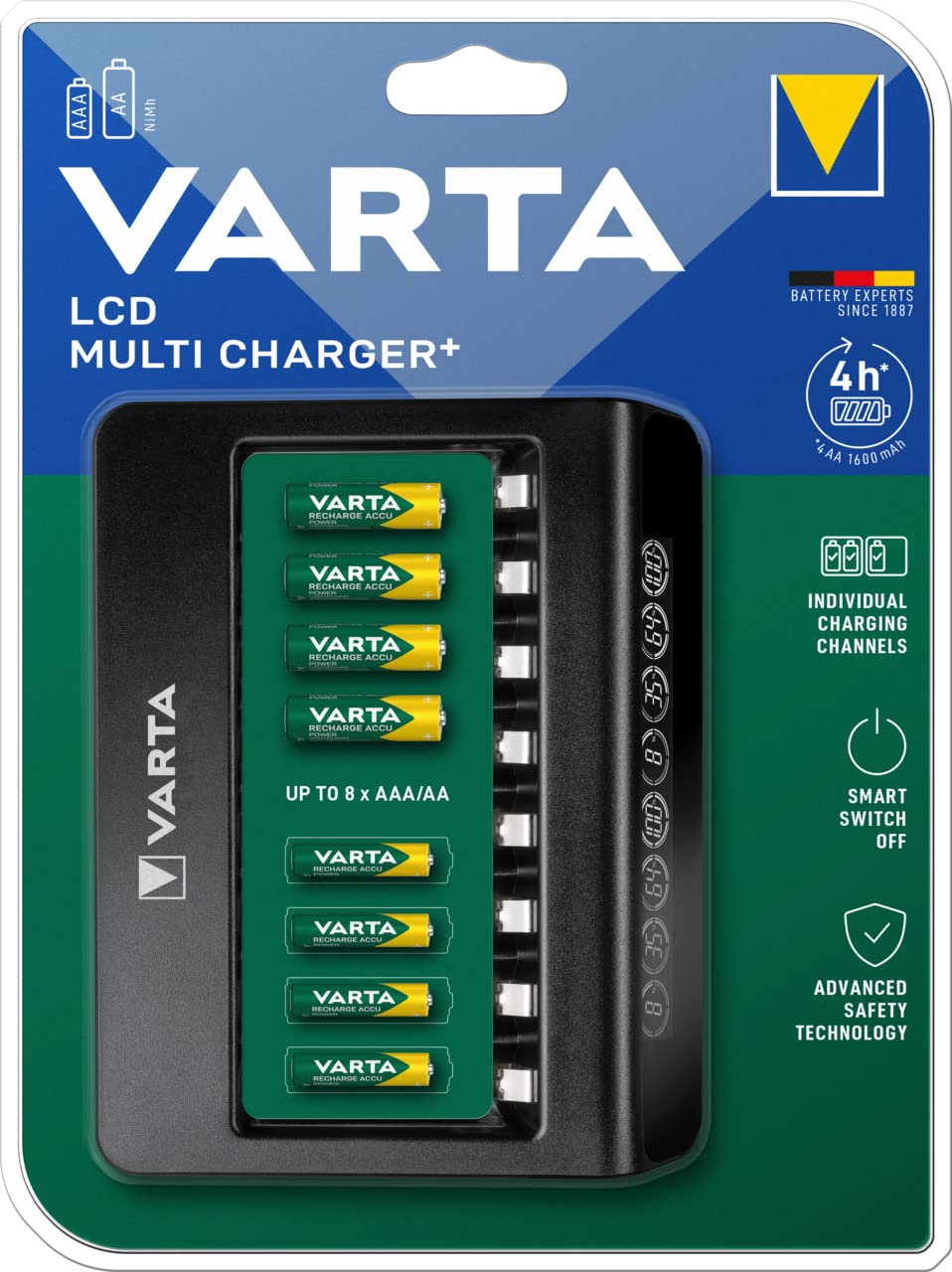 VARTA Multi Charger for AA AAA 9V Rechargeable Batteries - 8 Slot Fast Charging with Defective Cell Detection - Perfect for Home Office Electronics Cameras Toys and Emergency Power Supply