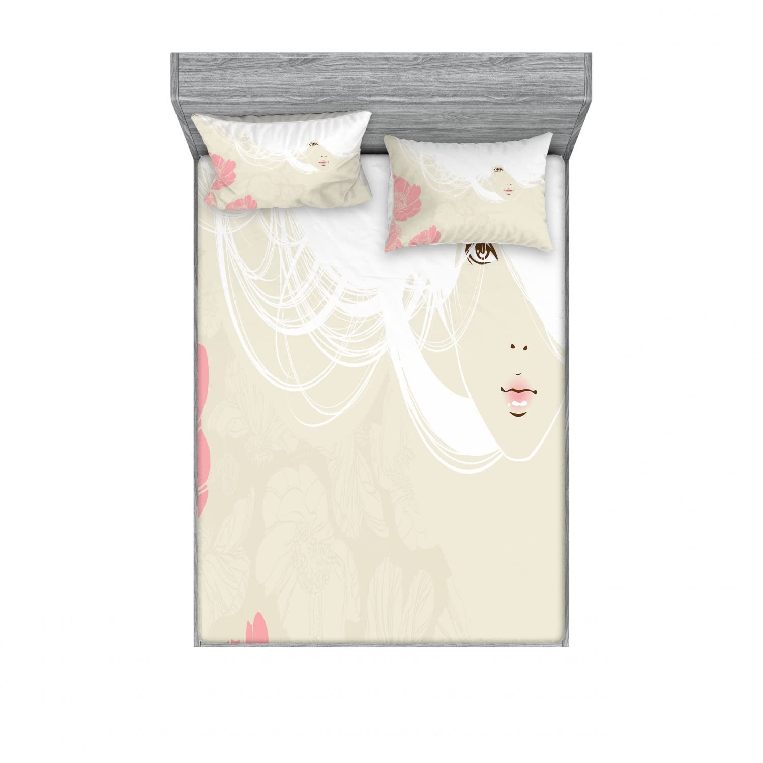 Ambesonne 2-Pack Queen Size Fitted Sheet & Pillow Sham Set - Floral Romantic Bridal Bedding Collection (4-Piece, Beige & Pink) | Soft Luxury Sheets for Master Bedroom, Guest Room & Wedding Decor