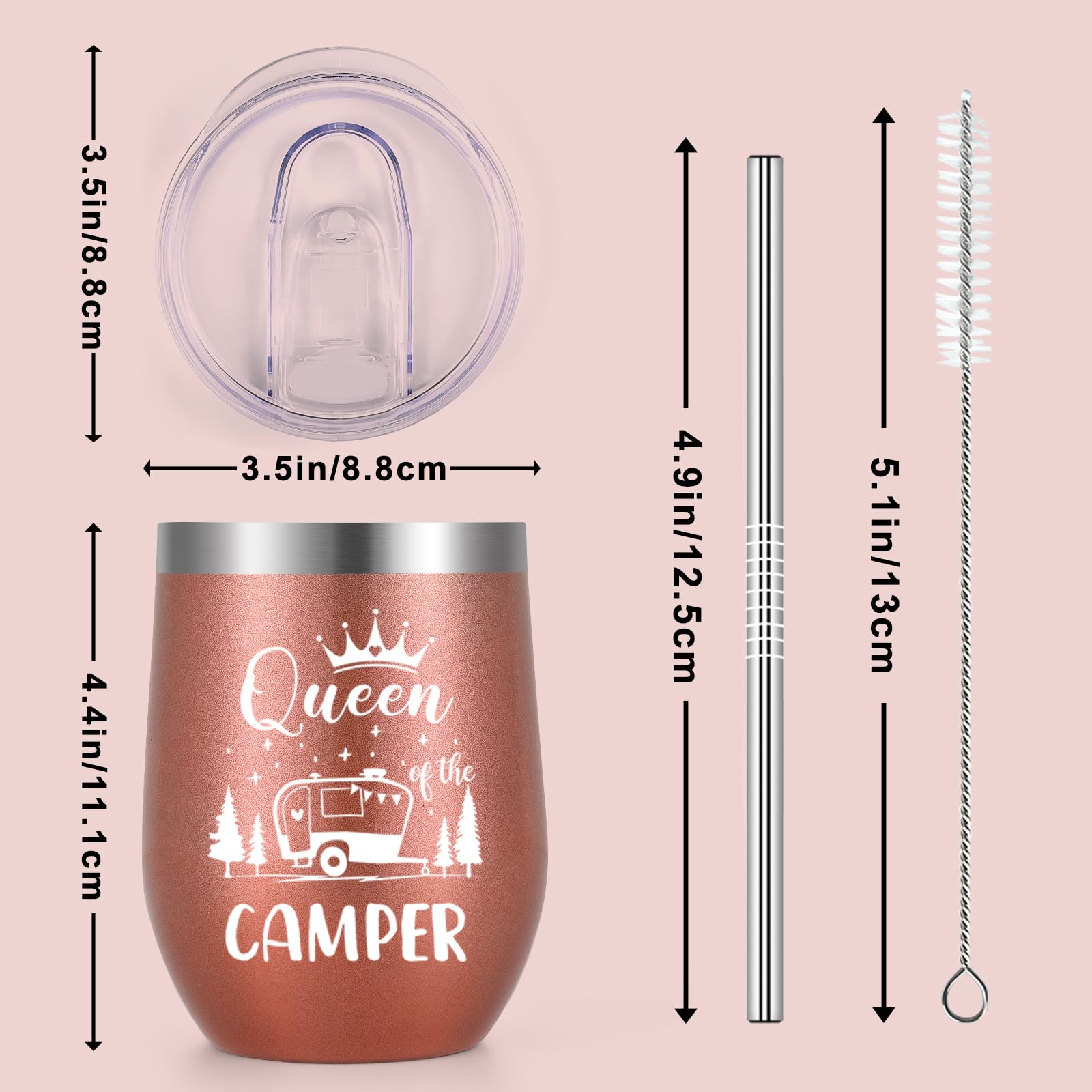 **Lifecapido 12oz Insulated Wine Tumbler - Queen of The Camper - Rose Gold Stainless Steel Travel Mug for Hot & Cold Drinks - Perfect Christmas, Birthday Gift for Women, Mom, Friends, Boss - Ideal for Camping, Hiking, Travel & Outdoor Adventures**