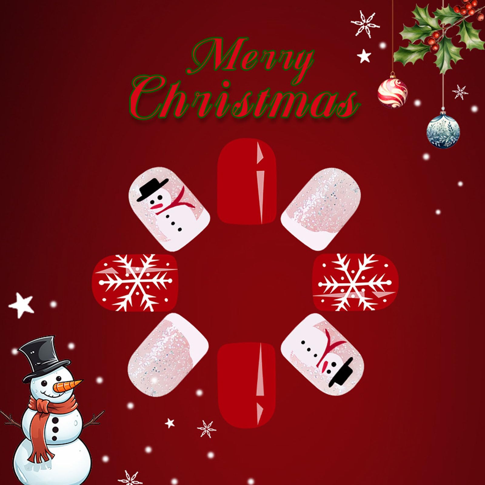 Christmas Press on Nails Short - 24PCS Snowflake Snowman Glitter Fake Nails with White French Tips | Xmas Square Acrylic Stick on Nails for Women & Girls | Holiday Party, Gift Giving, Winter Nail Art Designs