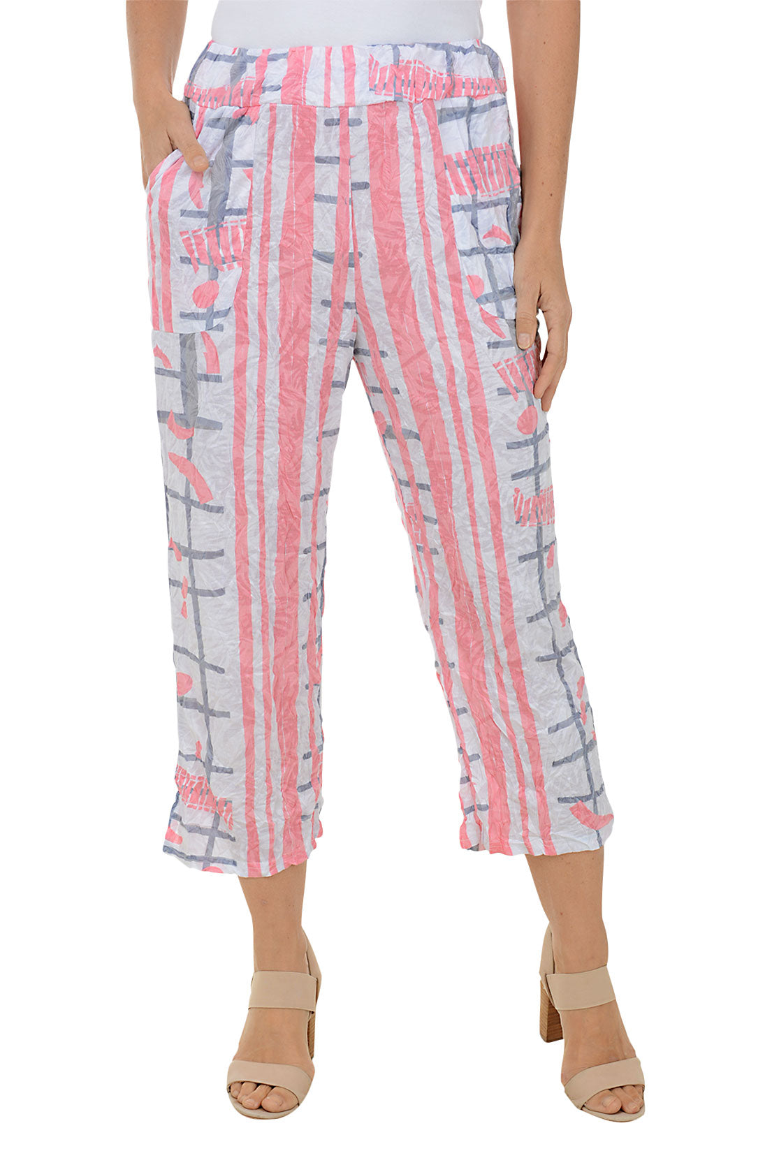 Trendy Salmon Stripes Crinkle Cropped Palazzo Pants for Women - Comfortable Wide Leg Lounge Pants for Casual Wear, Yoga, and Summer Outfits