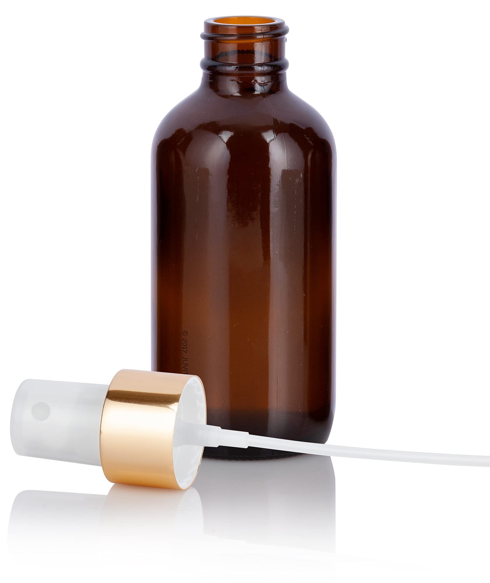 JUVITUS 4 oz Amber Glass Boston Round Bottle with Gold Fine Mist Sprayer - 12 Pack with Free Funnel - Perfect for Essential Oils, Perfumes & DIY Skincare Products