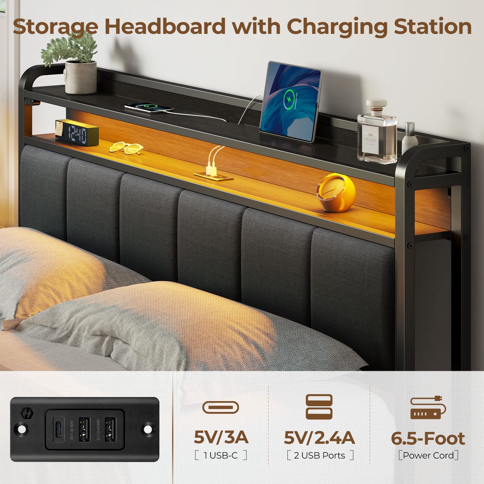 Rolanstar King Size Bed Frame with USB Charging Station & LED Lights, Upholstered Storage Headboard, Heavy Duty Metal Slats - No Box Spring Needed, Quiet & Easy Assembly, Dark Grey - Perfect for Modern Bedrooms, Guest Rooms & Small Spaces