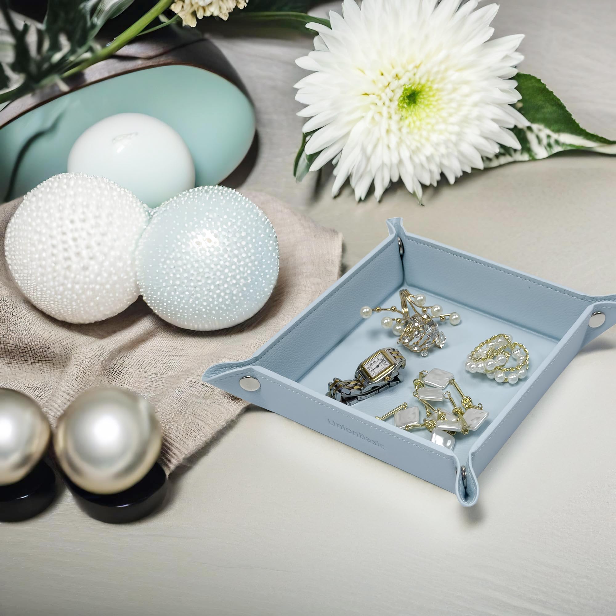UnionBasic Jewelry Tray for Rings & Watches - Nightstand Organizer for Keys & Coins - Lychee Blue