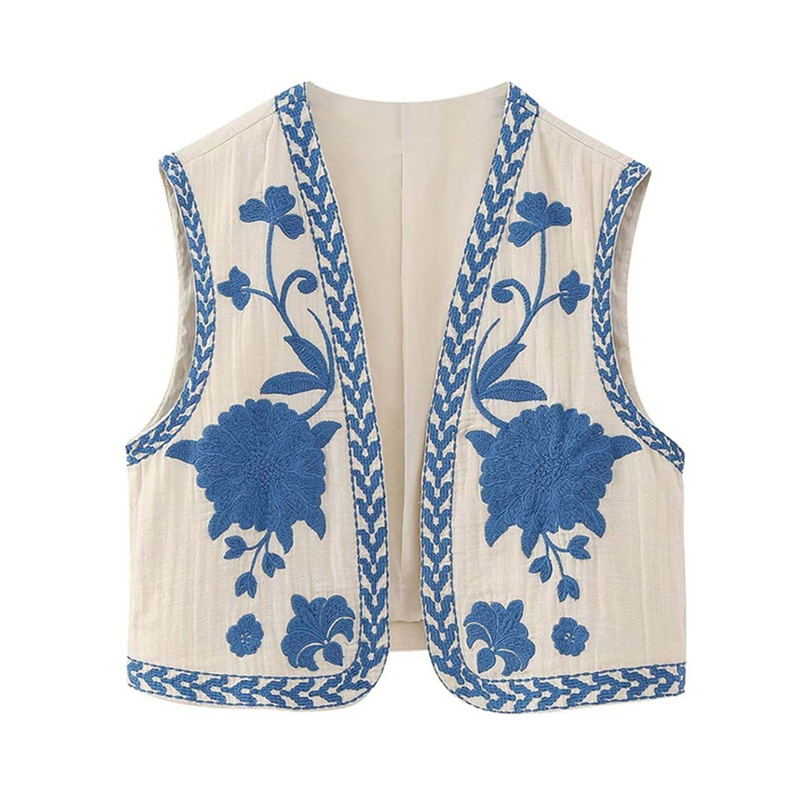 Vintage Embroidered Floral Vest Top for Women - Y2K Sleeveless Open Front Linen Gilet - Boho Flower Crop Cardigan - Perfect for Summer Outfits, Music Festivals & Boho Chic Style