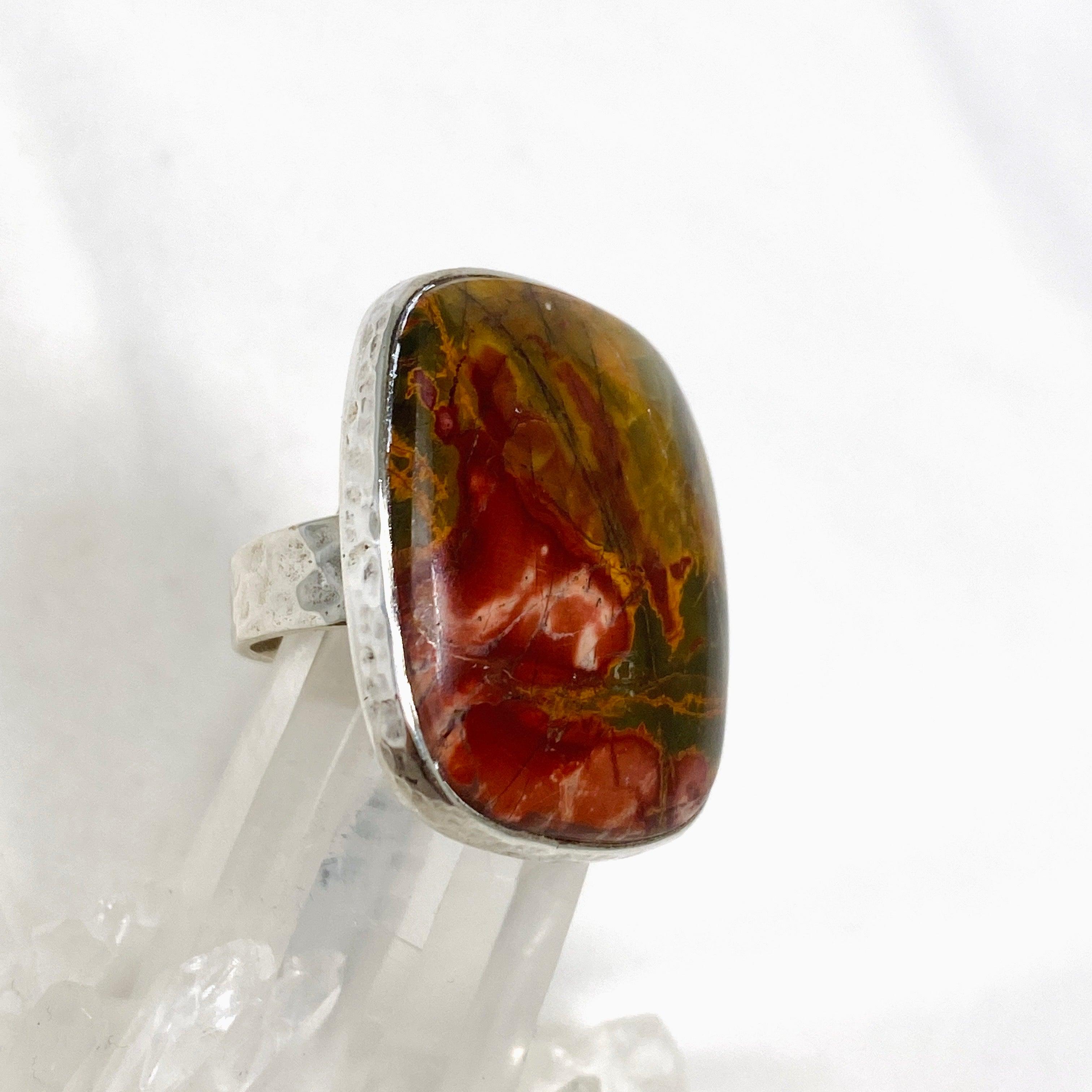 Cherry Creek Jasper Hammered Square Ring for Women - Size 8 KRGJ1607 - Boho Chic Jewelry for Everyday Wear & Special Occasions