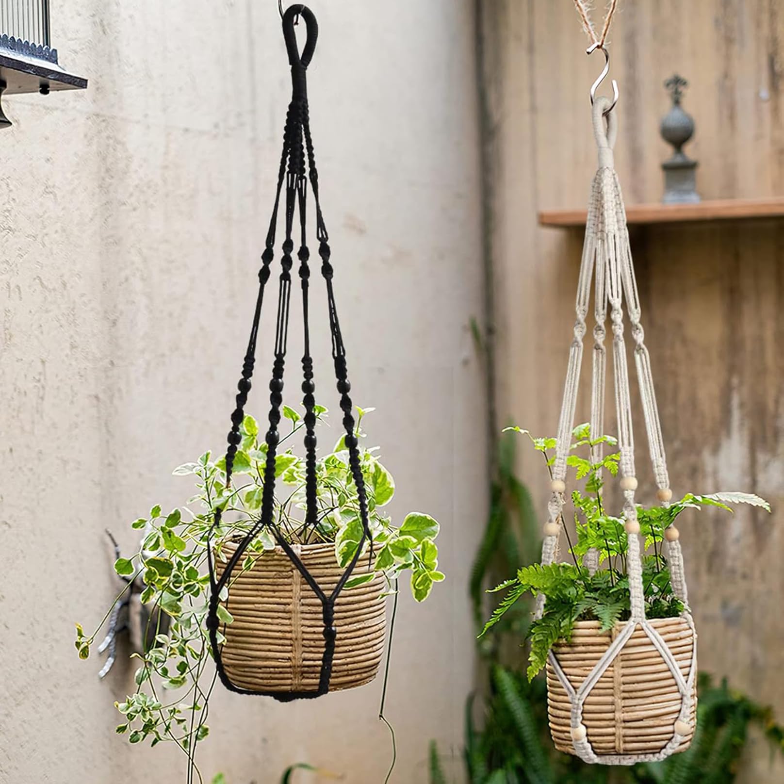 Macrame Plant Hanger 3 Pack - 35 Inch Handmade Cotton Rope Wall Hanging Planter with Beaded & Non-Tassel Design for Indoor & Outdoor Plants - Perfect for Herbs, Ferns, Ivy & Crawling Plants - Includes 3 Hooks for Stylish Home Decor, Boho Room & Garden Display