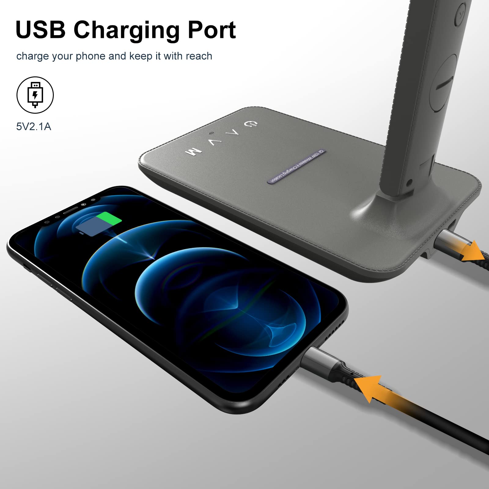 Poukaran LED Desk Lamp with Wireless Charger & USB Port - Smart Table Lamp with Clock, Alarm, Date & Temperature Display - Adjustable Office Lamp for Home & Workspace (Grey) - Perfect for Studying, Reading & Nightstand Use