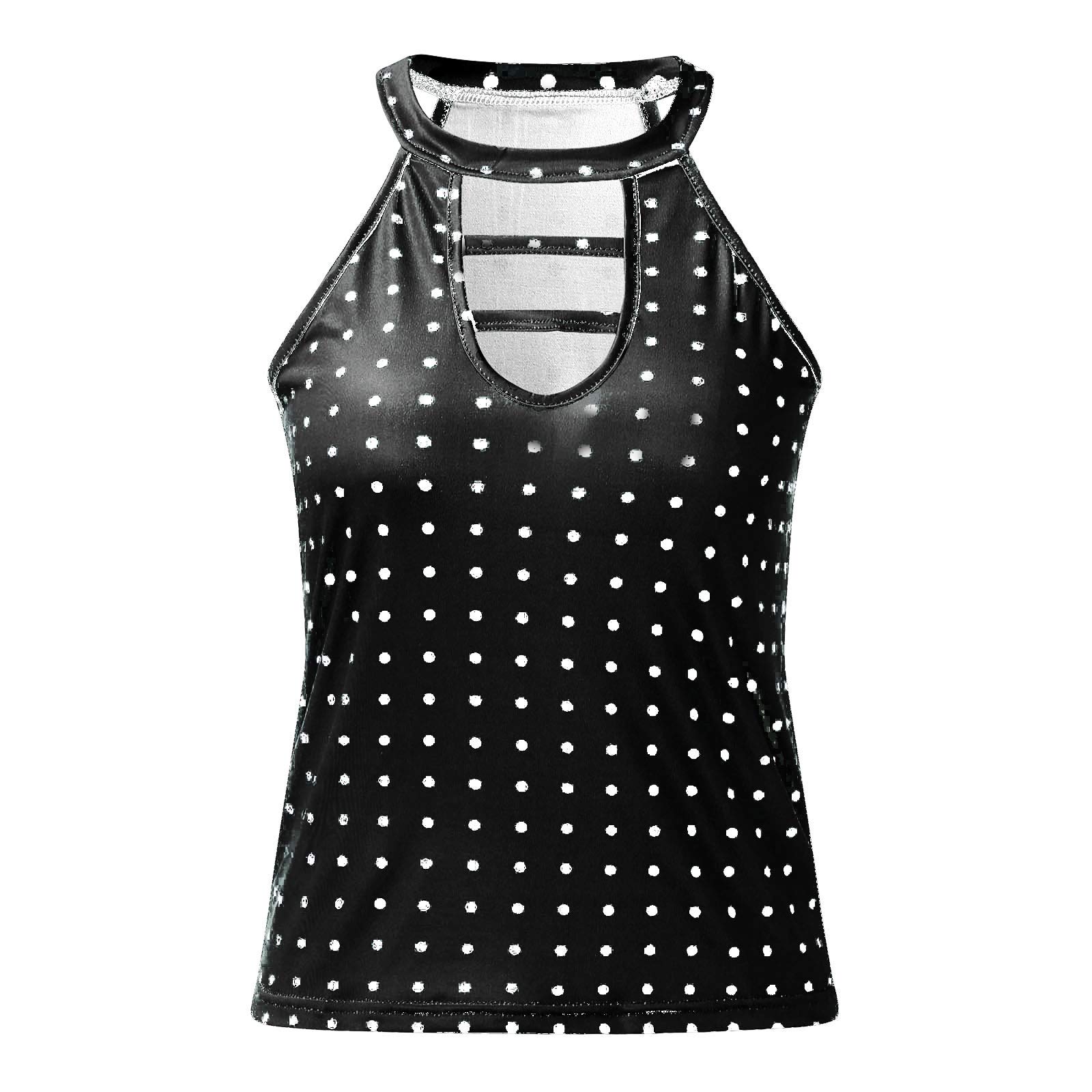 Women's Halter Neck Polka Dot T-Shirt - Sleeveless Keyhole Back White Top for Summer, Casual Wear, Beach Outfits & Party Dresses