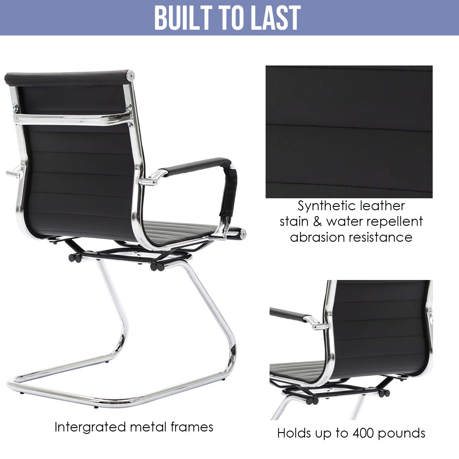 Wahson Office Guest Chairs - 6 Pack Leather Mid Back Conference Chairs with Sled Base, No Wheels Reception & Waiting Room Chairs for Meeting, Lobby, Restroom - Perfect for Office Waiting Areas, Conference Rooms, and Professional Spaces (Black)