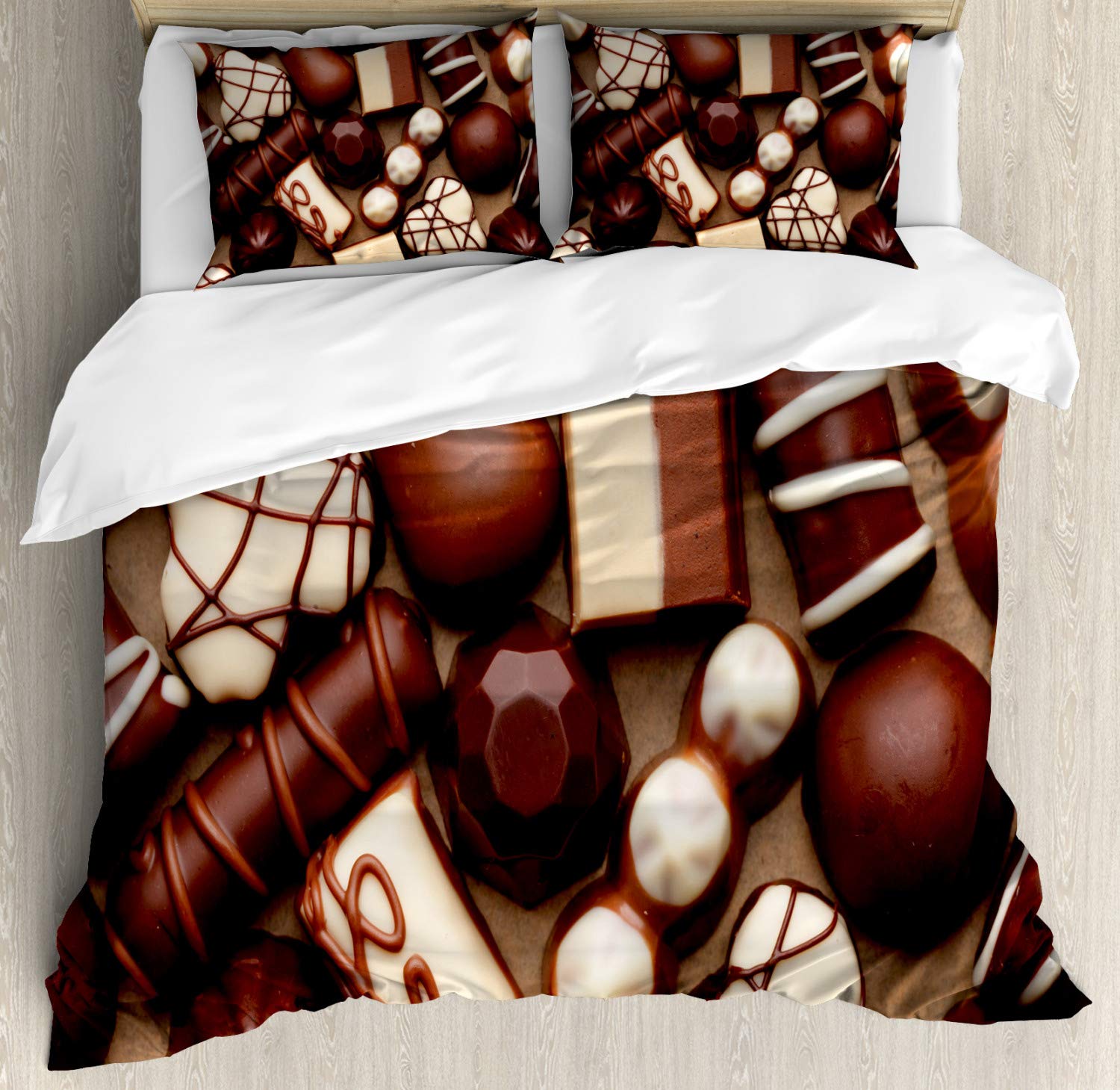 Ambesonne Chocolate Duvet Cover Set - Queen Size 3-Piece Bedding with 2 Pillow Shams, Dark Brown & Ivory Truffle Design, Gourmet Dessert Theme | Perfect for Chocolate Lovers' Bedroom Decor, Sweet-Themed Guest Rooms & Cozy Winter Bedding