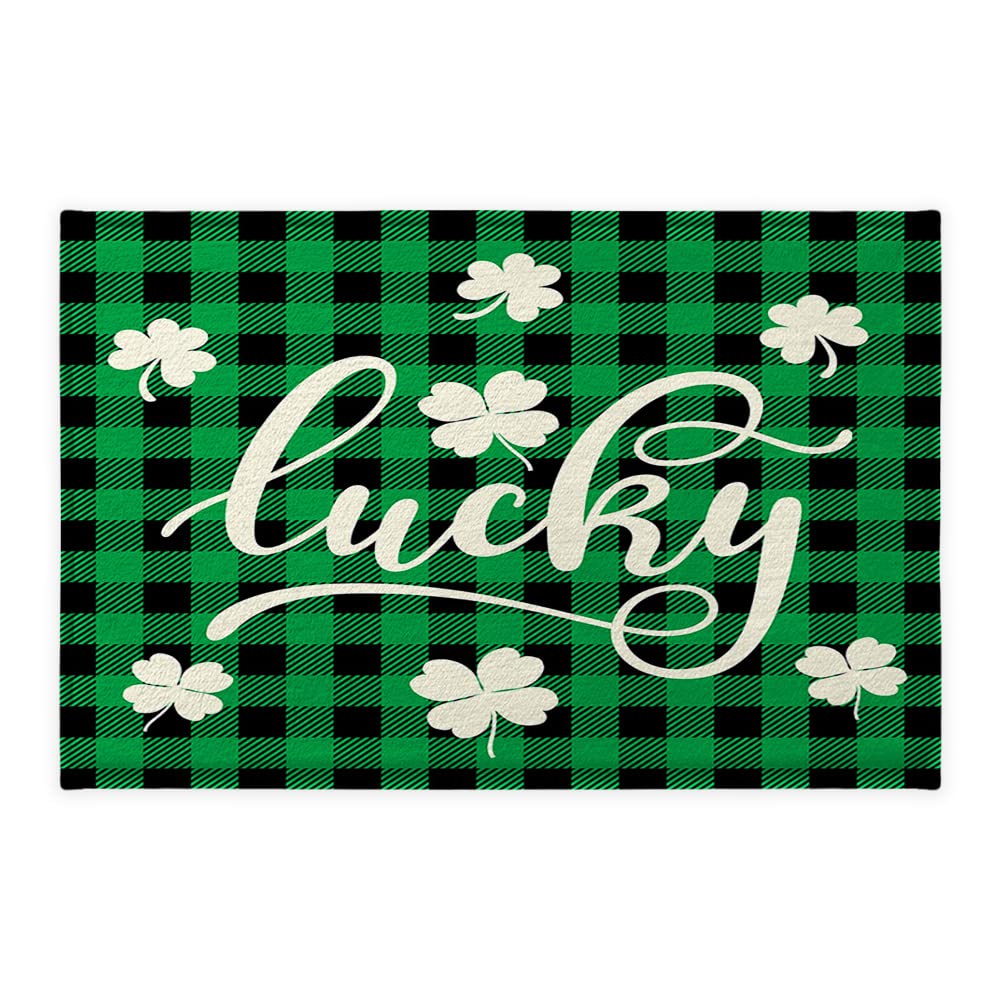 St. Patrick's Day Buffalo Check Plaid Bath Mat - 16x24 Inch Shamrock Clover Leaf Decor Non-Slip Farmhouse Bathroom Rug for Holiday Home Decor
