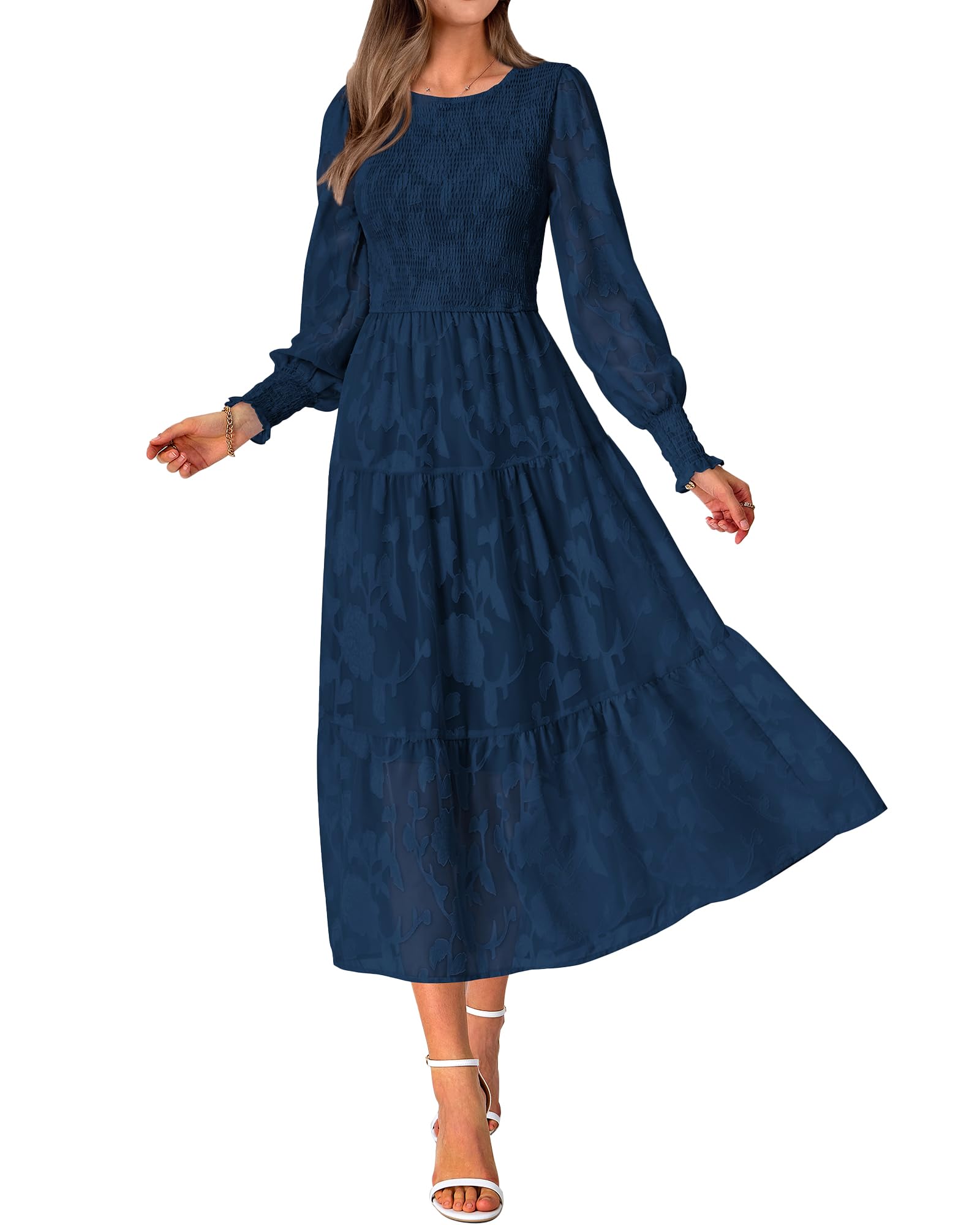 BTFBM Elegant Floral Midi Dress for Women - Long Sleeve Bohemian Wedding Guest Dress, Spring 2025 Casual Flowy Dress for Bridal Shower, Garden Party & Special Occasions