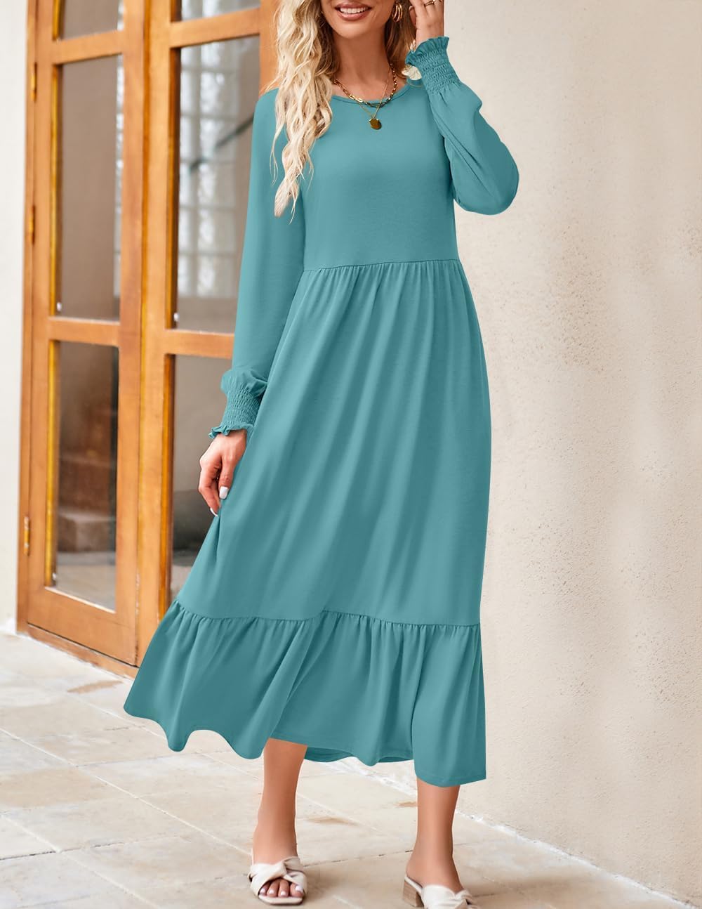 ZESICA Women's Spring Long Sleeve Dress 2025 - Crewneck Casual Loose Pleated Tiered Swing Midi Dress with Pockets | Perfect for Office, Date Night & Spring Outfits