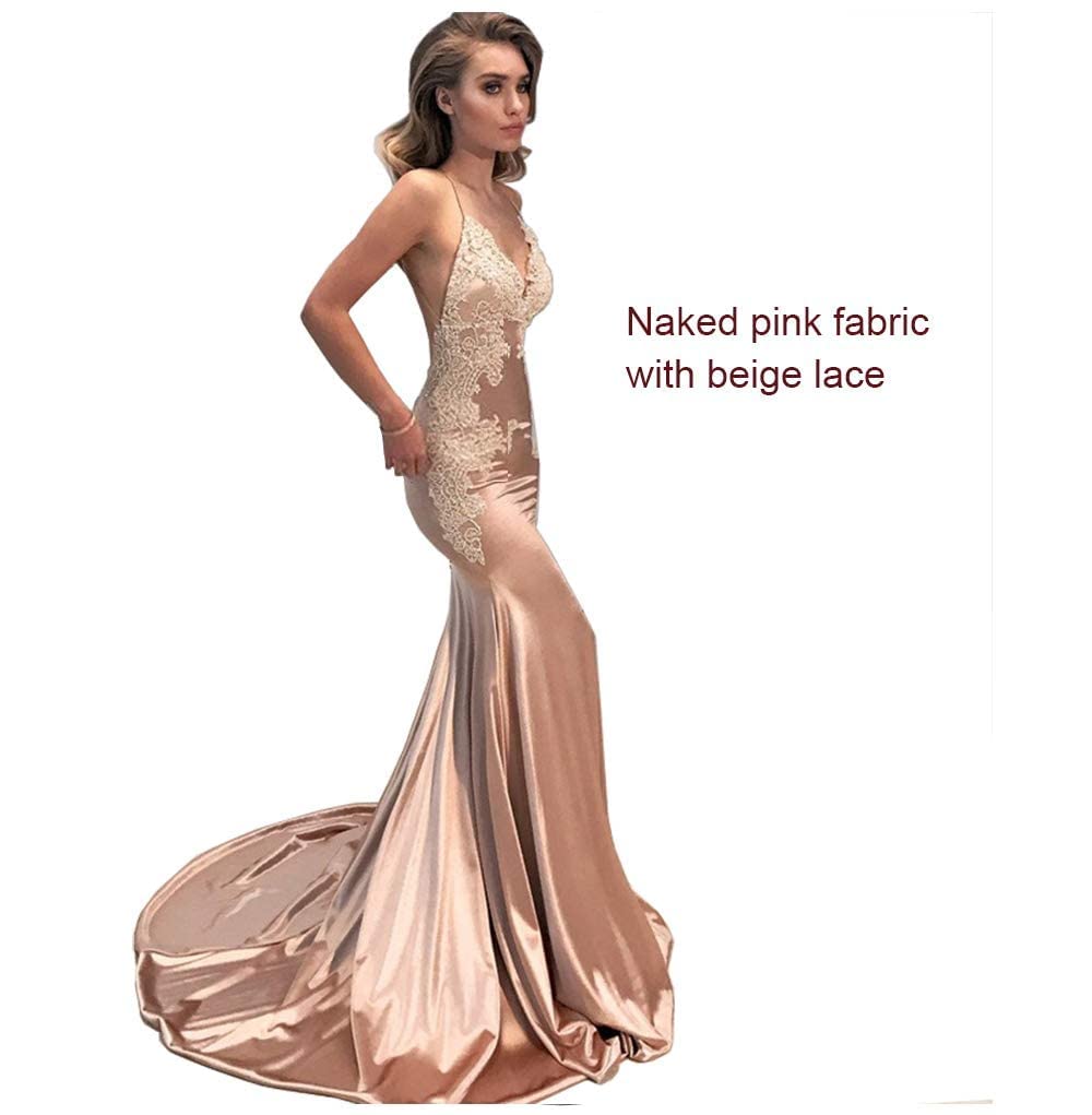 Elegant Women's Lace Mermaid Prom Dress with Long Train & Open Back - Formal Evening Gown in Nude Pink - Perfect for Homecoming, Prom Night, Wedding Guest & Special Occasions