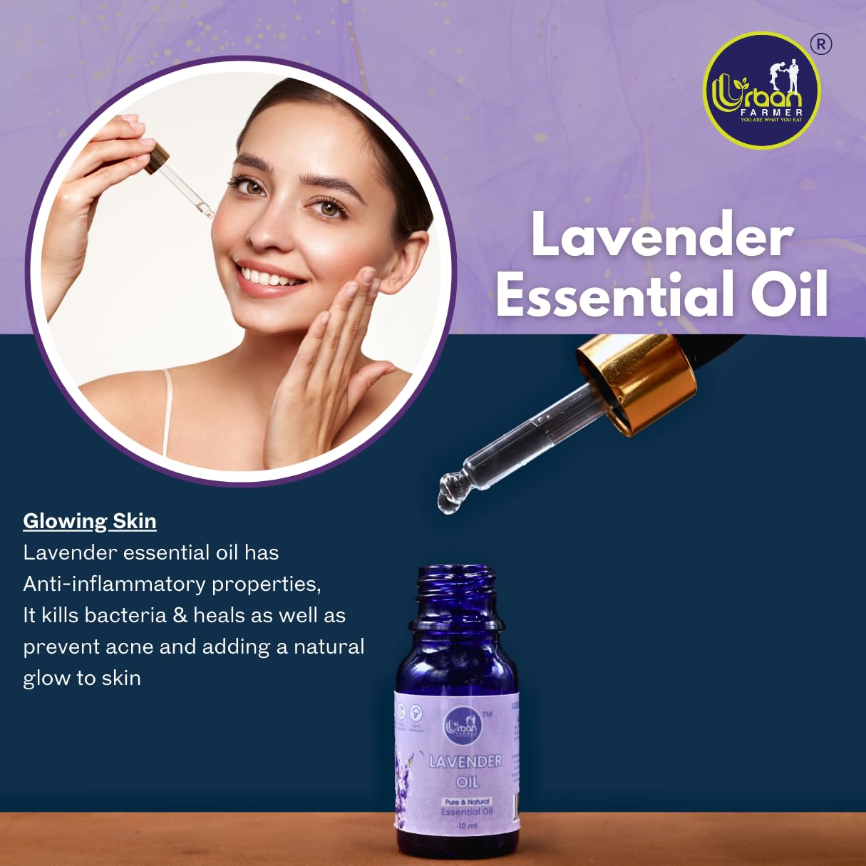 Urban Farmer Lavender Essential Oil - 100% Pure, Natural & Organic for Clear Skin & Healthy Hair | Calming & Soothing Care for Face, Scalp & Body | 10ML Bottle | Perfect for Aromatherapy, Massage & DIY Beauty Products