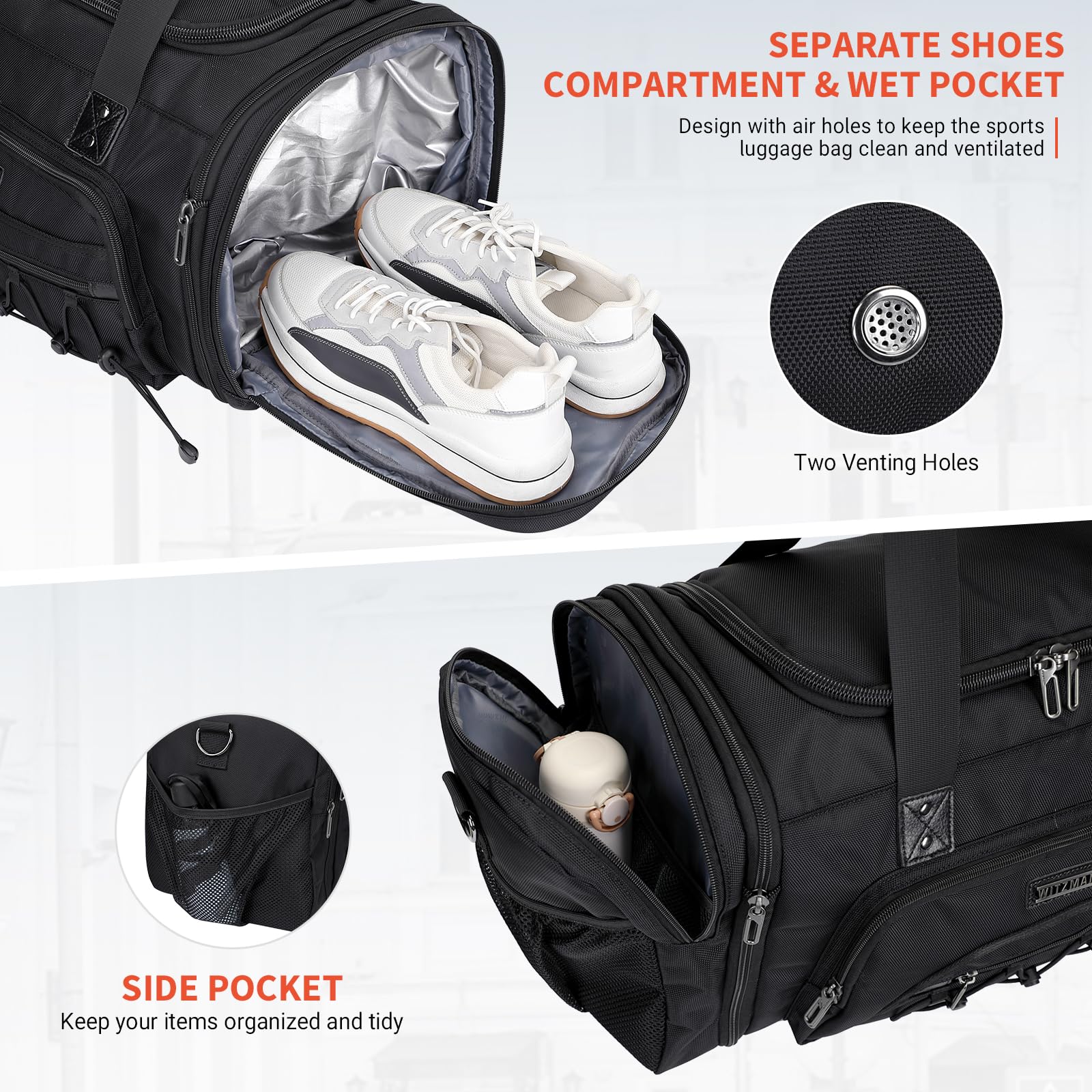 WITZMAN Men's Large Nylon Duffle Bag - Expandable Gym Weekender with Shoe Compartment, Carry On Overnight Bag (B695 Black) - Perfect for Travel, Workout & Weekend Getaways