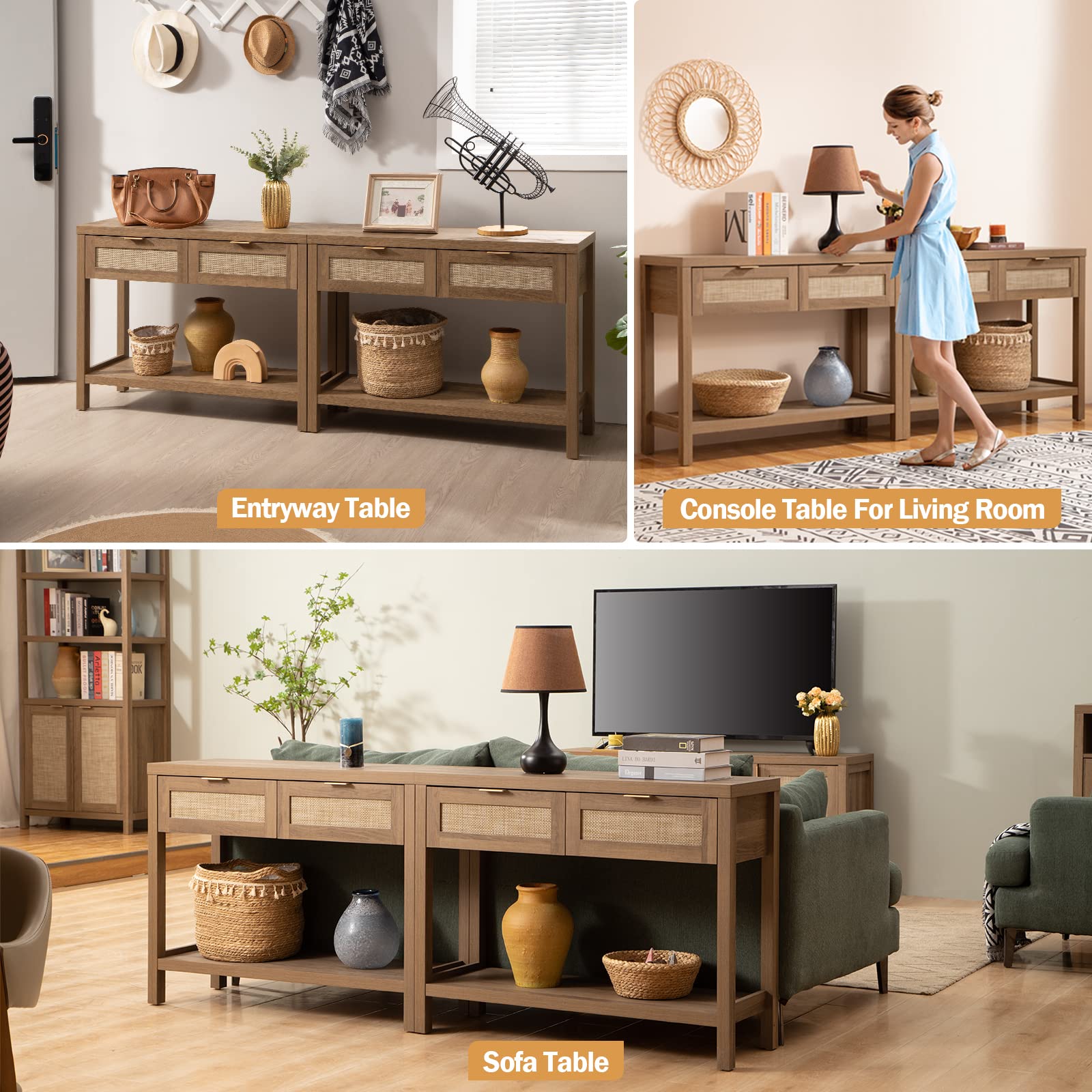 SICOTAS 2-Piece Boho Rattan Console Table Set with Drawers & 2-Tier Shelf - Narrow Long Entryway Sofa Table for Living Room, Hallway, Foyer - Perfect for Small Space Decor & Apartment Entry Organization