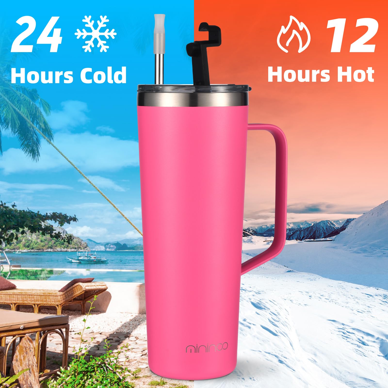 Mininoo 24oz Insulated Stainless Steel Tumbler with Handle - Leakproof Travel Coffee Mug with Lid & Straws - Hot Pink - Perfect for Office, Gym, Hiking & Road Trips