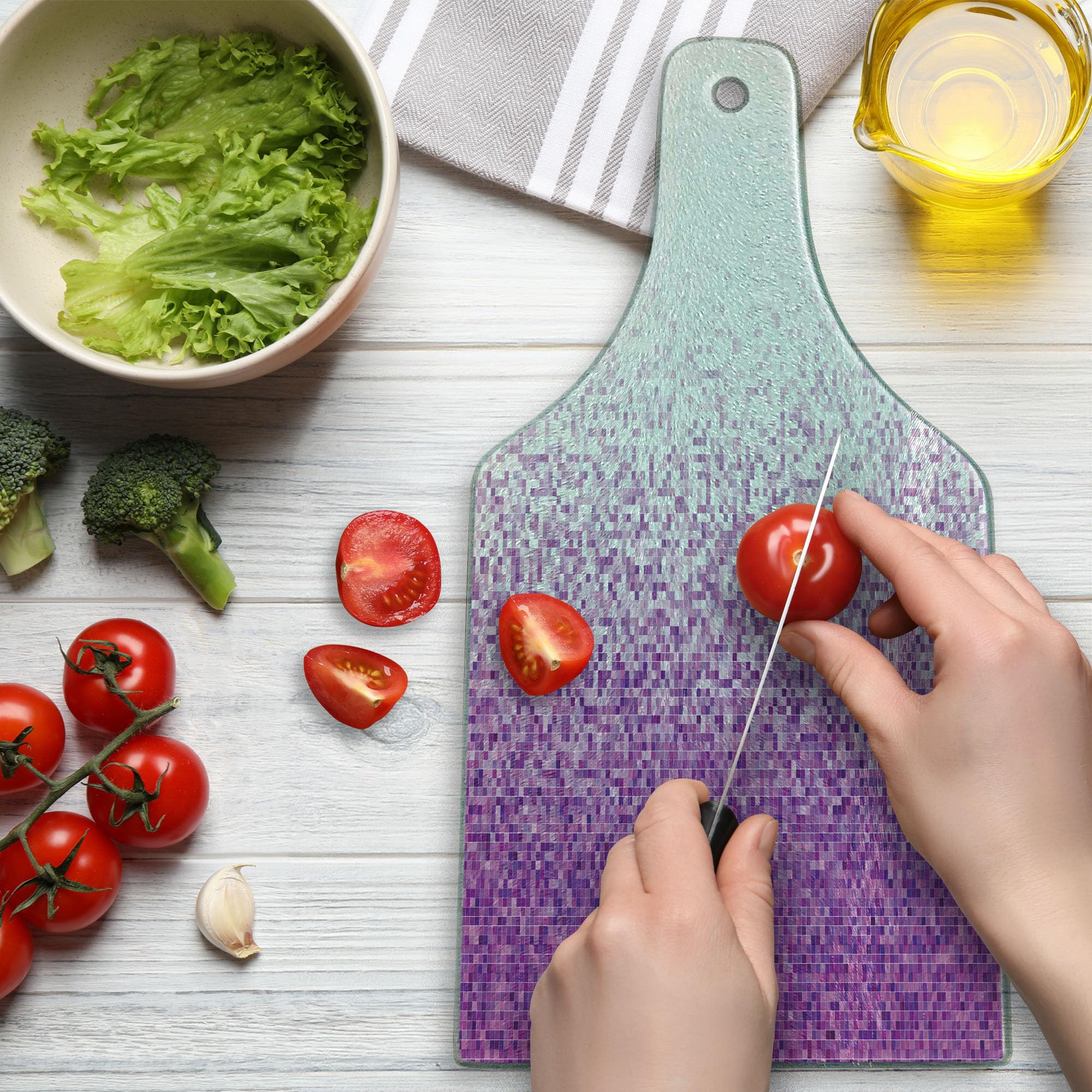 Ambesonne Purple White Tempered Glass Cutting Board - Artistic Pixel Mosaic Design, Decorative Serving Board for Kitchen & Entertaining - Perfect for Cheese Platters, Wine Pairing & Home Decor