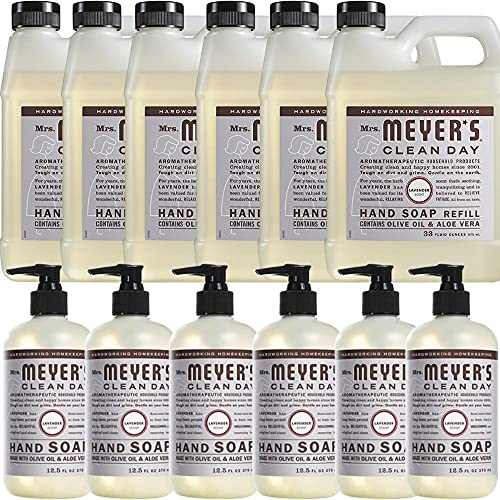 Premium Lavender Scented Liquid Hand Soap & Refill Combo Pack - 6 Bottles (12.5 Fl Oz Each) + 6 Refill Pouches (33 Fl Oz) for Home, Office & Bathroom Use