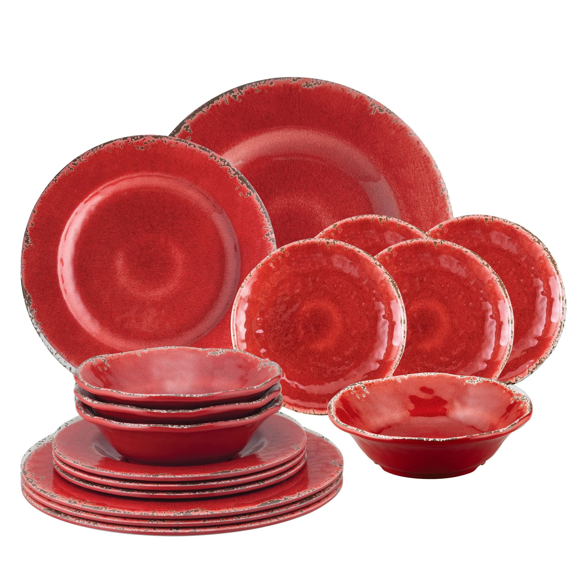 UPware 16-Piece Crackle Melamine Dinnerware Set - Durable Outdoor Dishes, Plates & Bowls for 4 - Shatterproof Red Tableware - Perfect for Picnics, Camping, and Patio Dining