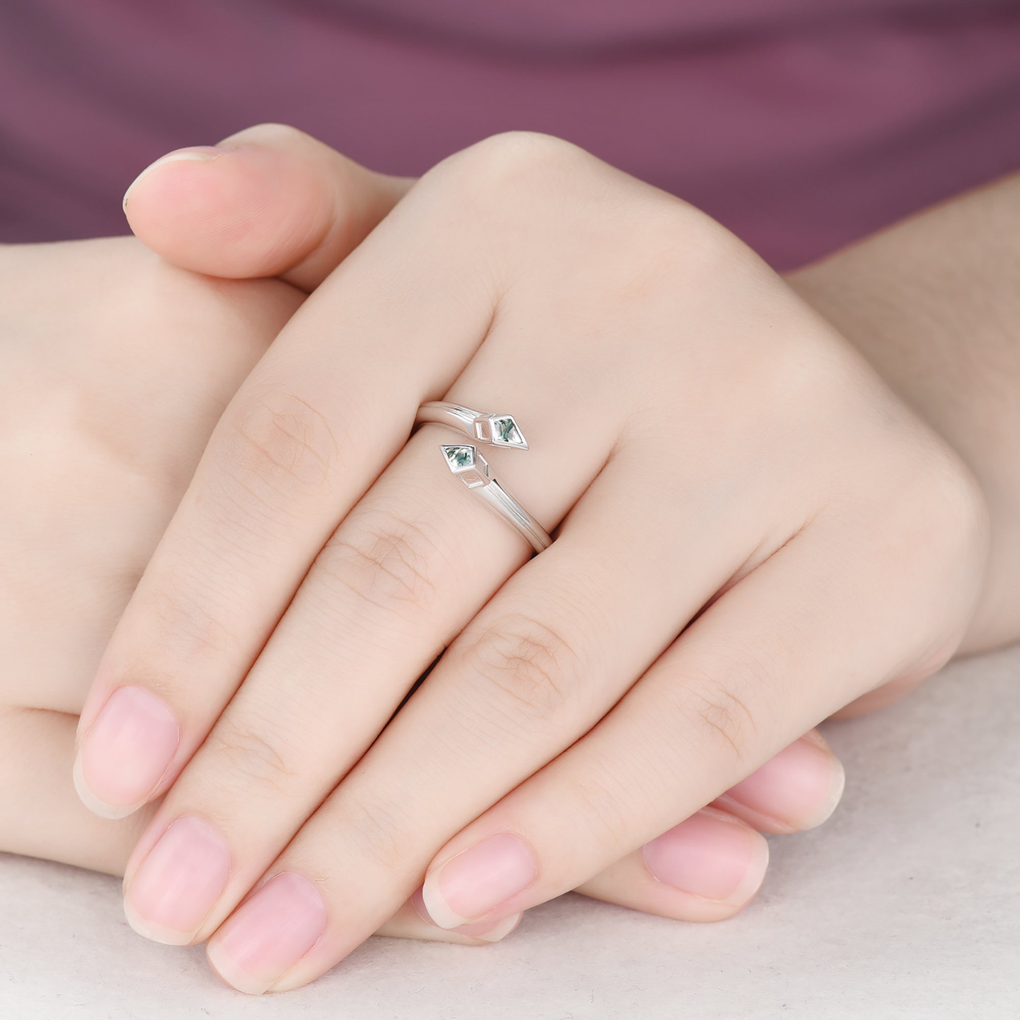 Unique Snake Kite Cut Moss Agate Wedding Band - 14K White Gold Adjustable Open Ring for Women - Perfect for Engagement, Anniversary & Boho Style Jewelry Gifts