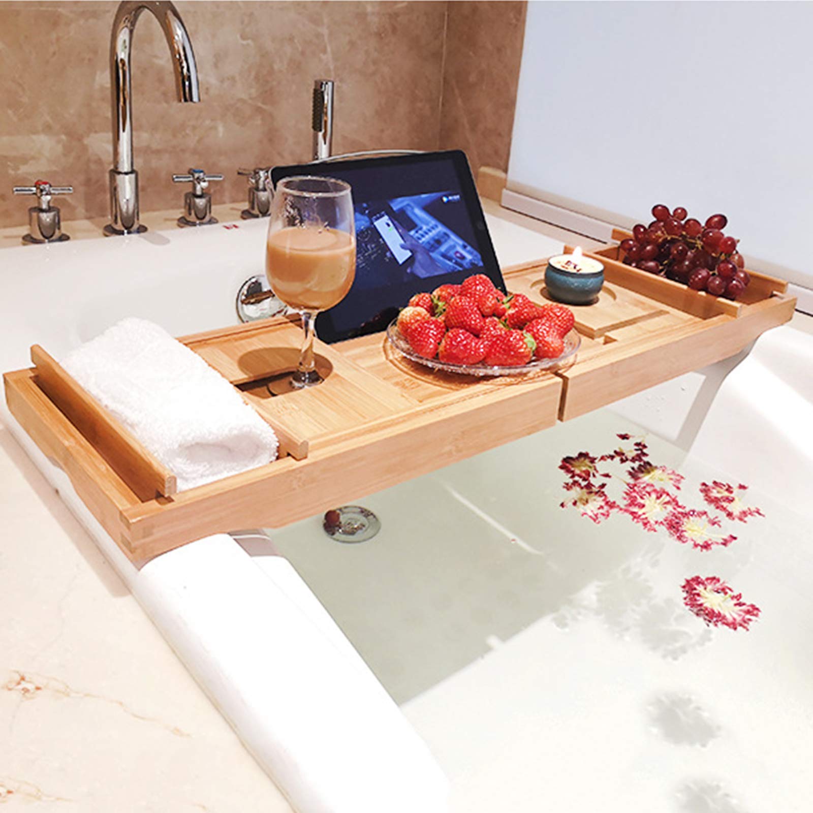 Premium Adjustable Bamboo Bathtub Tray - Extendable Spa Caddy with Non-Slip Design for Books, Wine & Bath Essentials | Relaxing Bath Accessories for Luxury Home Spa Experience