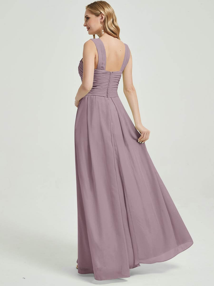 Elegant Dusk Cross Neck A-Line Pleated Floor-Length Chiffon Bridesmaid Dress for Wedding Party & Formal Events