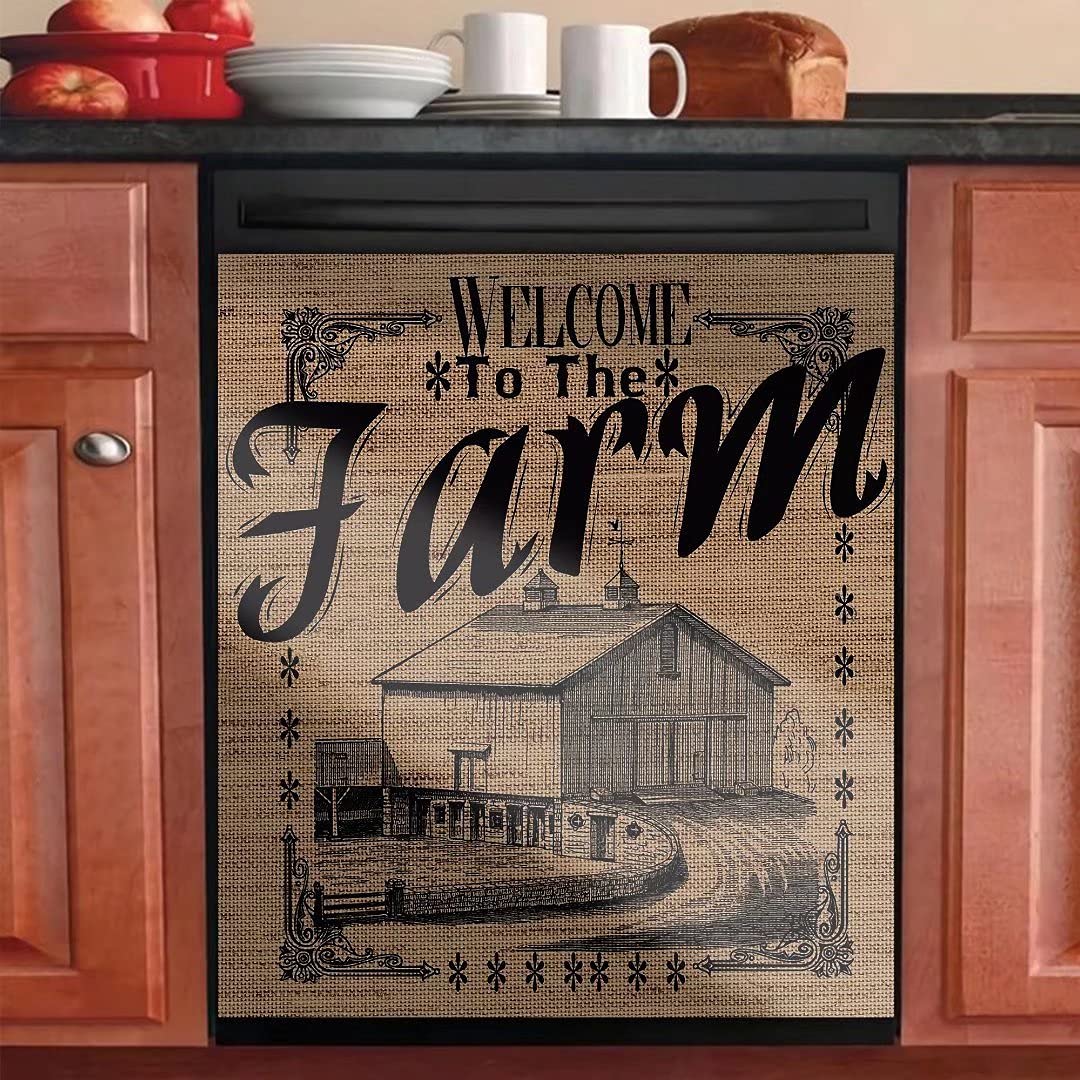 Vintage Farmhouse Burlap Pattern Dishwasher Cover - Decorative Magnetic Dishwasher Door Cover for Kitchen - Perfect for Rustic, Farmhouse & Cottage Style Home Decor