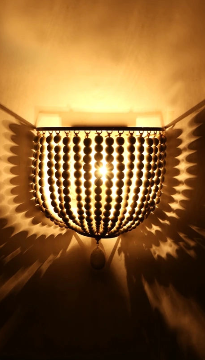 Handmade Wooden Bead Cascade Wall Lamp - Boho Chic Hanging Light Fixture for Bedroom, Living Room & Dorm Decor