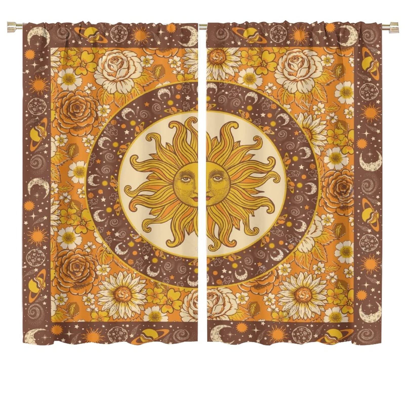 Bohemian Sun Moon Print Blackout Curtains 72x63 Inch - Celestial Body Pattern Thermal Insulated Drapes for Bedroom & Living Room Decor - Perfect for Nursery, Dorm, or Meditation Space