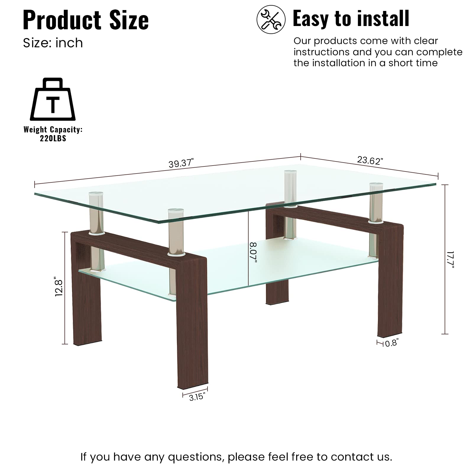 Modern Clear Glass Coffee Table with Metal Tube Legs & Lower Shelf - 2-Tier Rectangle Center Table for Living Room, Waiting Area - Durable Walnut Finish (Perfect for Small Spaces & Contemporary Decor)