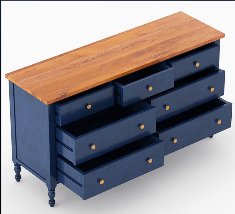 Hand Carved Blue Wooden 7-Drawer Dresser Chest - Vintage Storage for Bedroom, Living Room & Office Organization