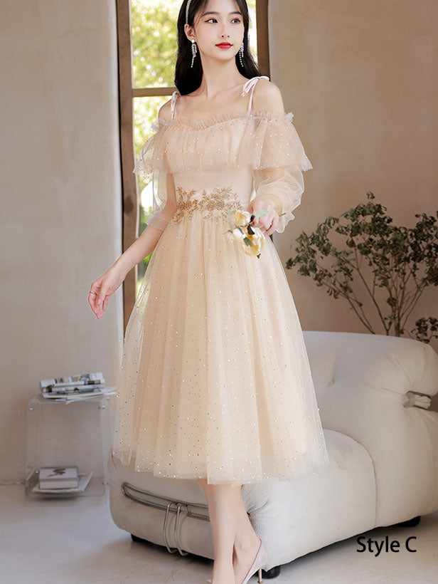 Elegant Champagne Bridesmaid Dress with Shimmery Tulle A-Line Skirt for Wedding Party & Formal Events - Perfect for Bridesmaids, Prom, and Evening Galas