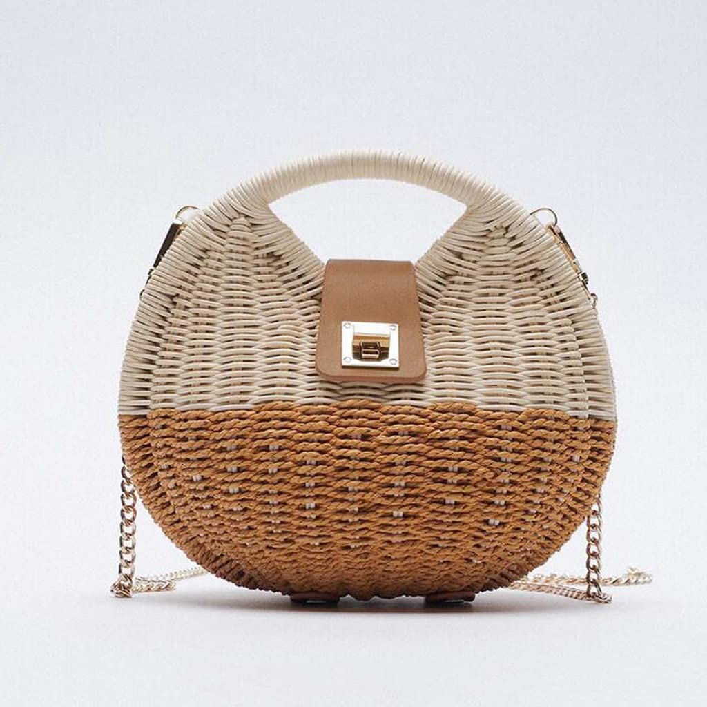 Stylish Rattan Woven Beach Bag - Shell-Shaped Round Straw Tote with Chain Handle for Women | Summer Vacation, Pool Party & Boho Outfit Accessory (One Size, Multiple Colors)