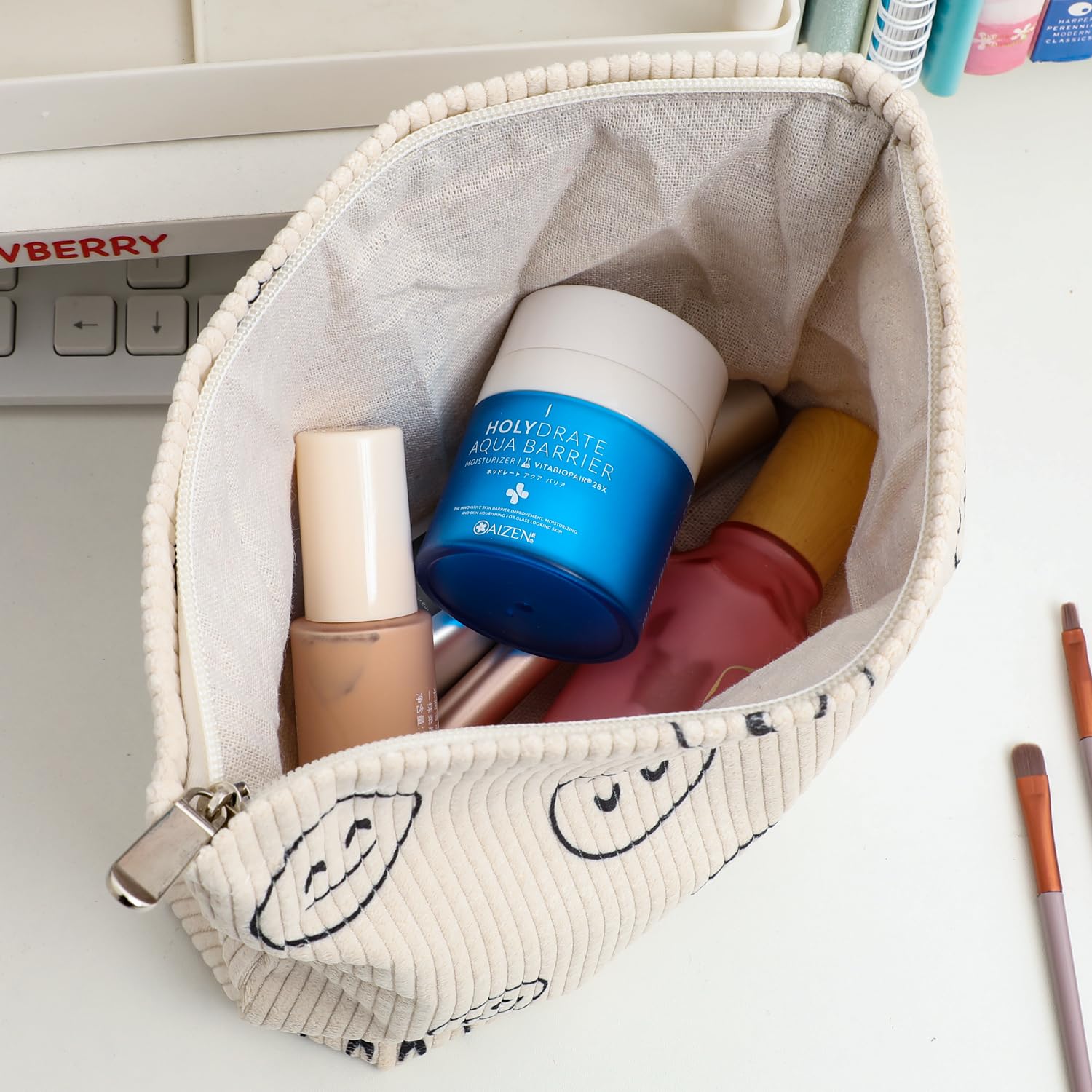 Preppy Cute Corduroy Makeup Bag for Women - Travel Essential Cosmetic & Toiletry Organizer (Full Beige) | Perfect for Gym, Vacation & Daily Use