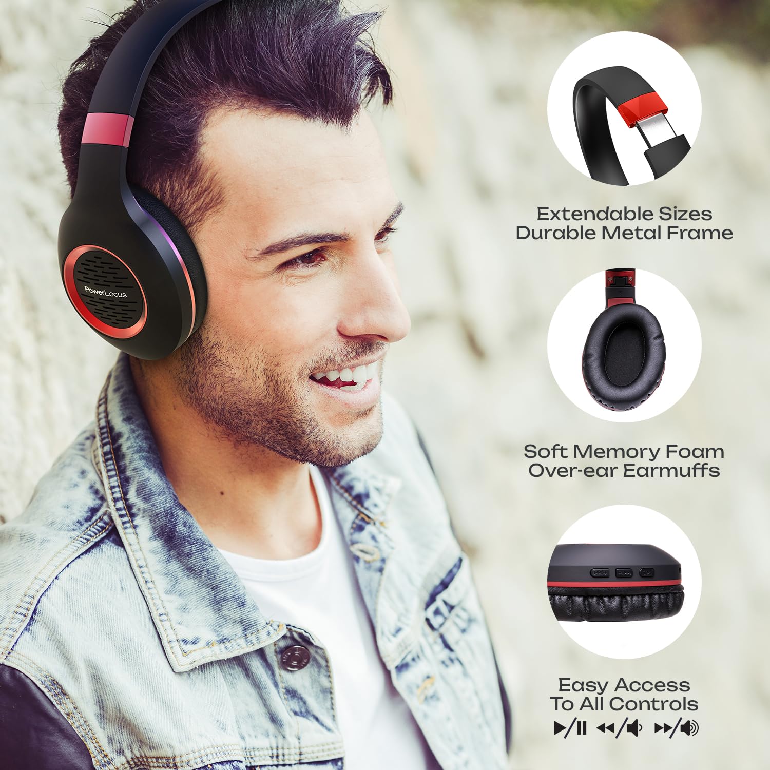 PowerLocus Wireless Over-Ear Bluetooth Headphones with Hi-Fi Stereo & Deep Bass, Foldable Design with Soft Earmuffs & Built-in Mic - Wireless/Wired Headset for Phone, Tablet, PC - Perfect for Gaming, Travel & Office Use
