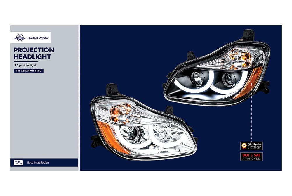 United Pacific 31457 Right Hand Black Projection Headlight Assembly - High/Low Beam H7/H1 Quartz Bulbs with LED Signal, Position & Side Marker Lights - Perfect for Truck & Off-Road Vehicle Upgrades