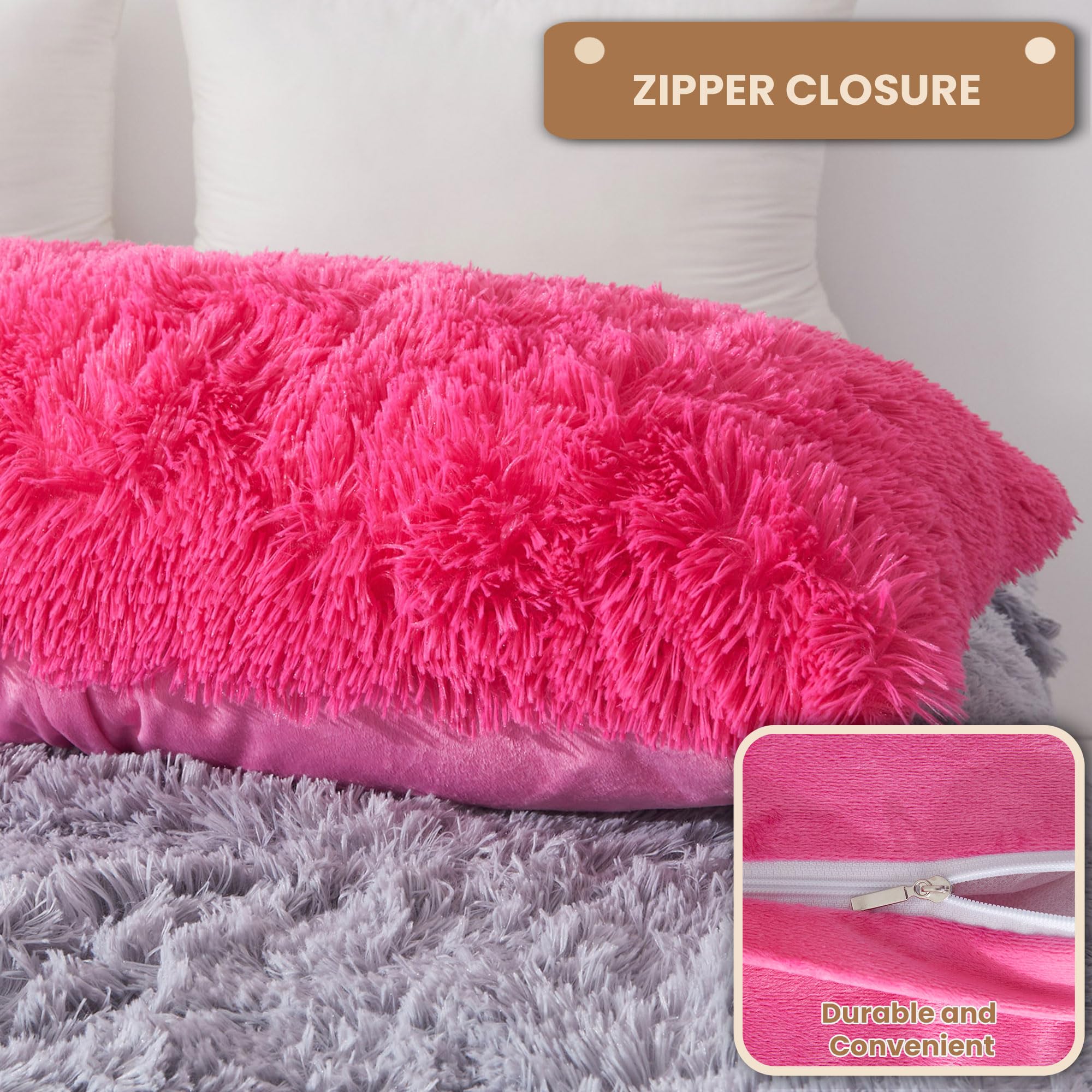 Luxury Fluffy Body Pillow Cover 20x54 Inches - Soft Shaggy Faux Fur Pillowcase with Zipper Closure - Plush Fuzzy Decorative Hug Pillow for Bedroom, Couch & Nursery - Hot Pink