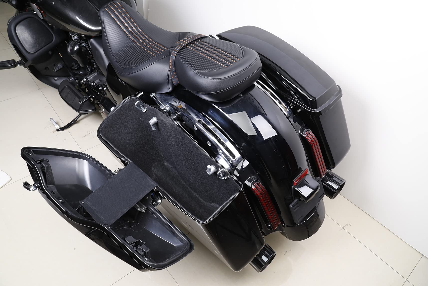 Premium TCMT Hard Saddlebags for Harley Touring (2014-2023) - Waterproof Motorcycle Luggage with Black Latch Lid, Key Lock & Carpet Liner - Compatible with Street Glide, Road Glide, Road King, Electra Glide Ultra Limited FLHR FLHX - Perfect for Long-Distance Rides and Road Trips
