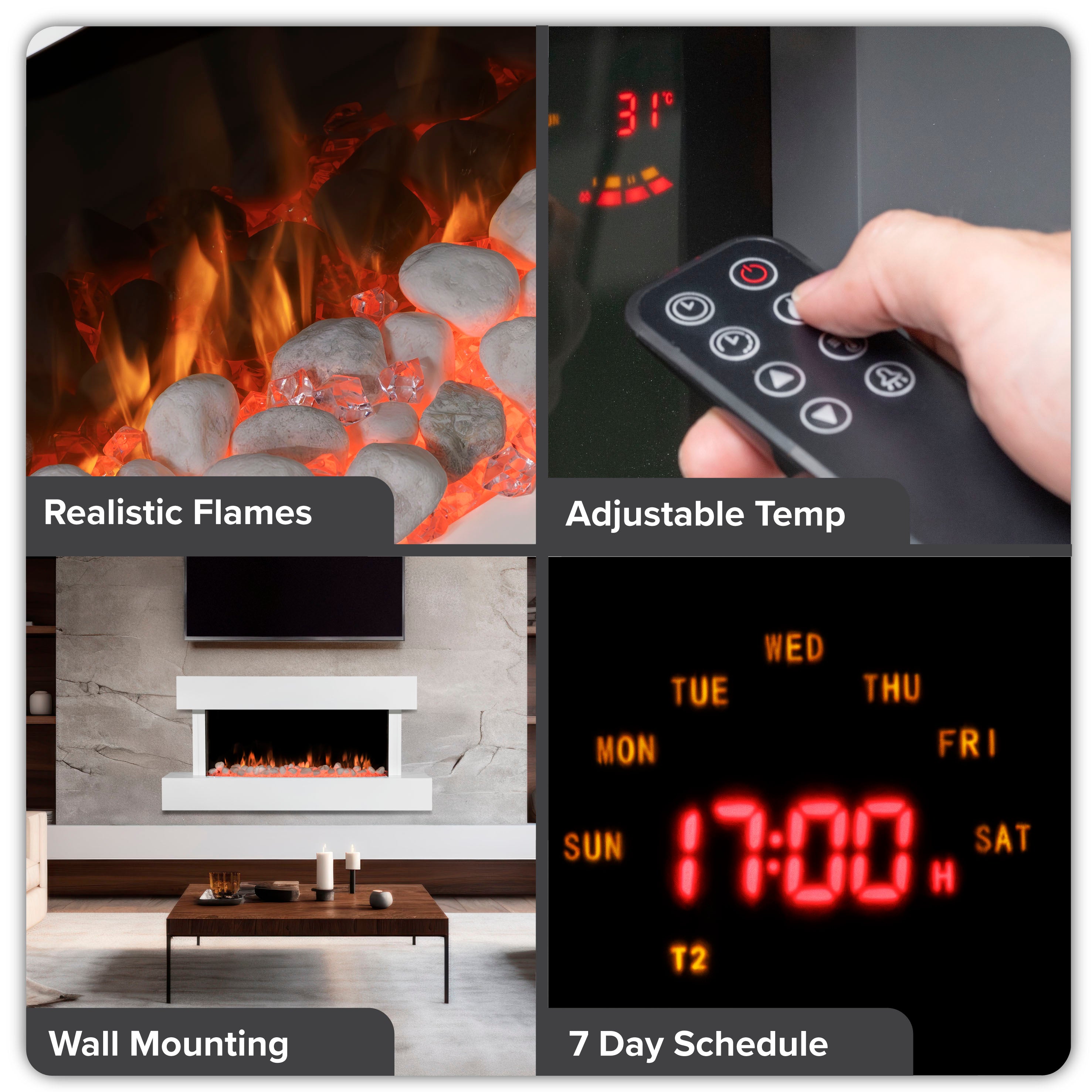 Baridi 46 Inch Electric Fireplace Wall Mounted with Realistic LED Flame Effects - White DH113 - Perfect for Living Room, Bedroom & Office Heating & Ambiance