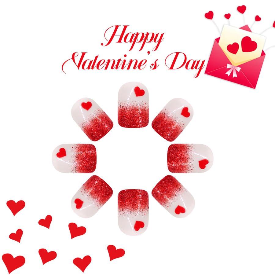 24Pcs Red Heart Press on Nails Short Square Fake Nails - Valentine's Day Little Love Heart Design, Glossy Acrylic Nails with Romantic Red Flash Gradient French Tips for Women & Girls | Perfect for Date Night, Parties, Weddings & Special Occasions