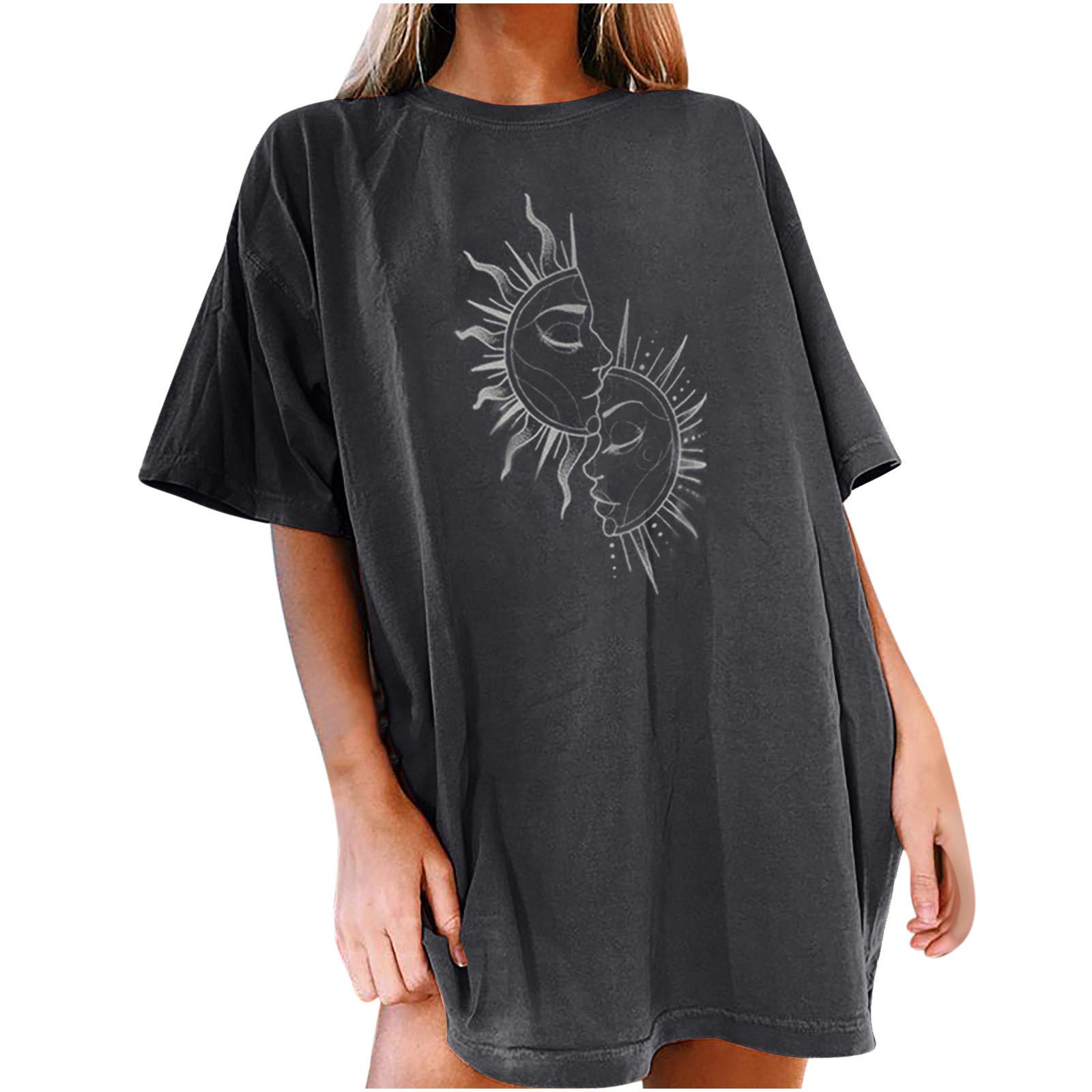 Vintage Women's Summer Short Sleeve T-Shirts - Retro Sun Moon Print Casual Loose Fit Drop Shoulder Top | Perfect for Beach Outings, Music Festivals & Everyday Wear