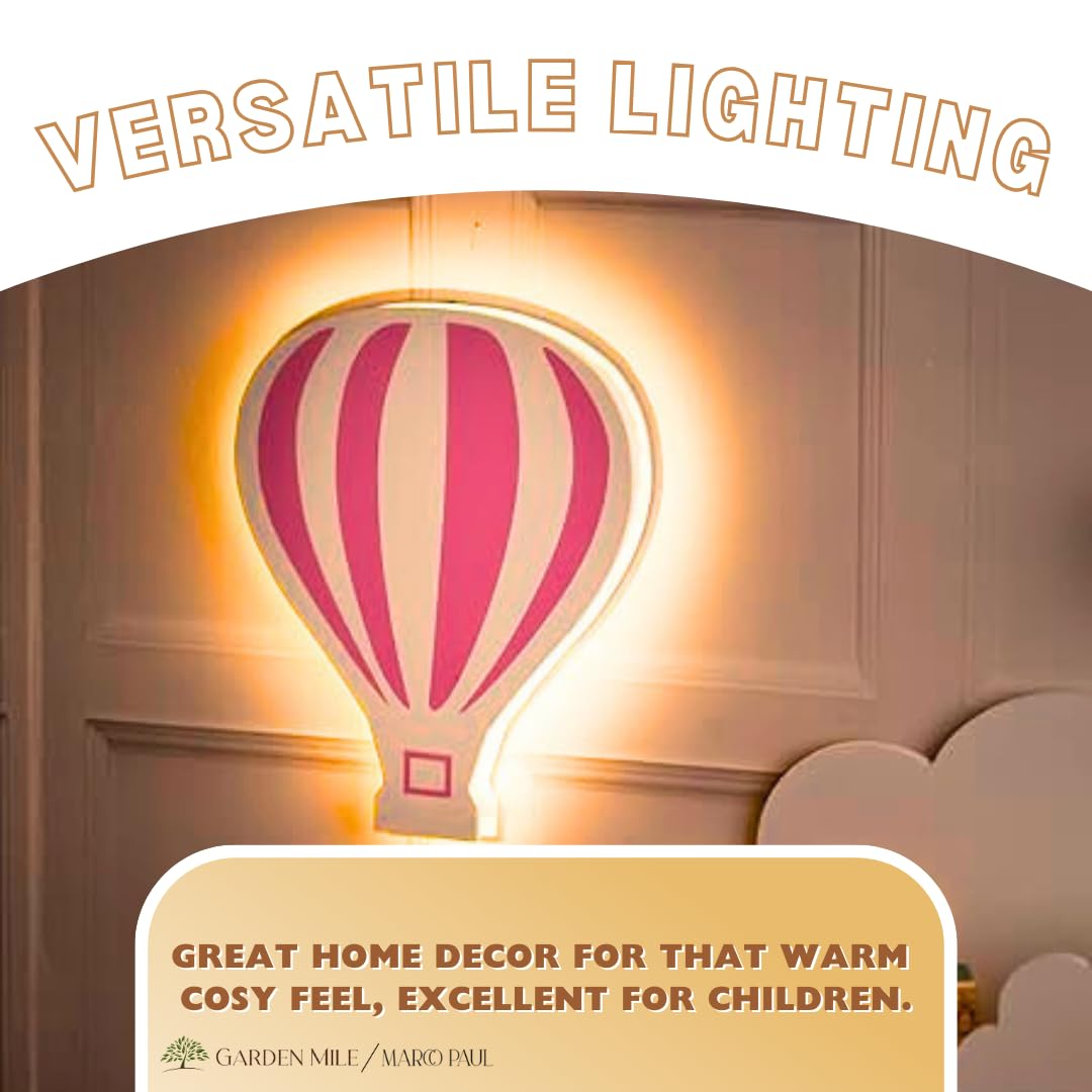 Marco Paul Modern Wooden White LED Night Light - Battery Powered Wall Mounted Nursery Lamp for Kids Room, Baby Gifts & Bedroom Decor - Perfect for Night Feedings, Bedside Lighting & Nursery Wall Decor (Pink Hot Air Balloon)