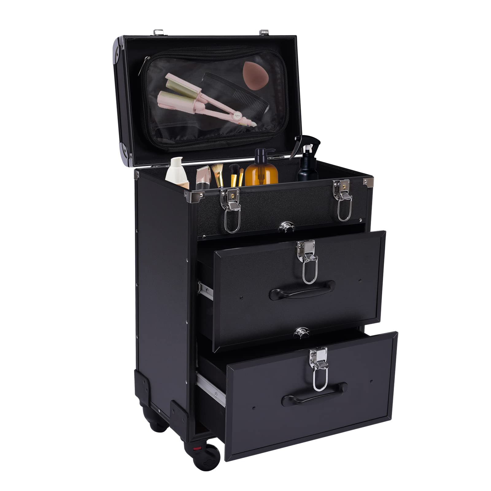 Black 22.8 Inch Spinner Wheel Makeup Suitcase - Travel Cosmetic Organizer with Drawer Storage for Lipstick & Nail Polish | Perfect for Professional Makeup Artists, Salon Stylists & Beauty Travel Accessories | Great for Air Travel, Bridal Makeup Kits & Mobile Beauty Services